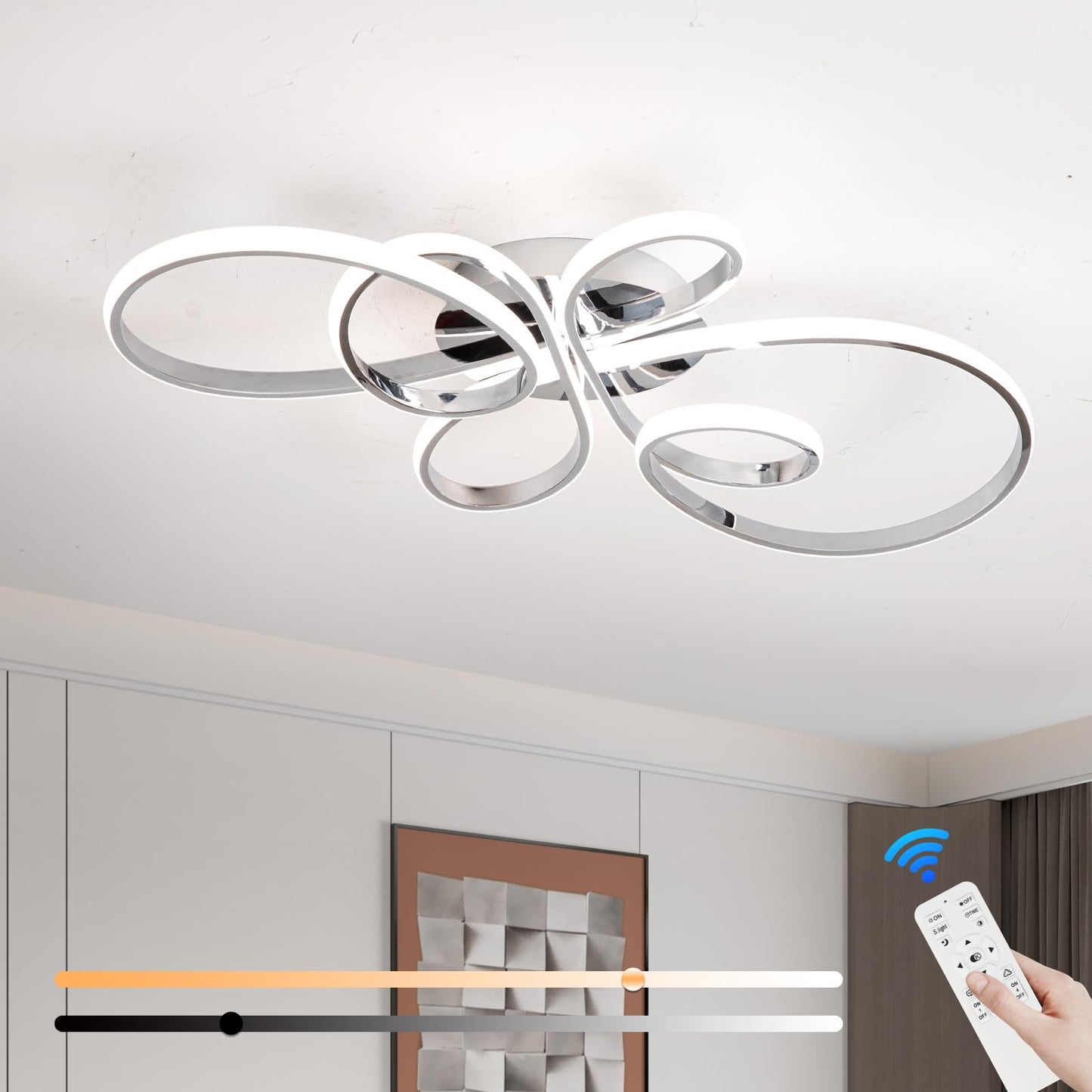 66W Modern LED Ceiling Light, 5 Rings Flower Flush Mount Light Fixture with Remote Control Chrome Dimmable Ceiling Lamp for Living Room, Bedroom, Dining Room, Hallway, Kitchen