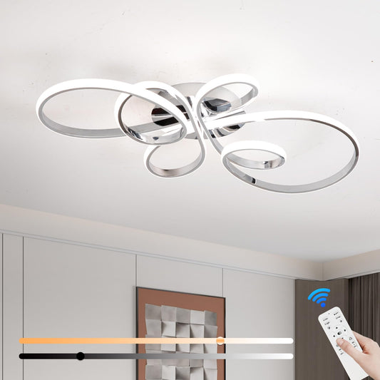 66W Modern LED Ceiling Light, 5 Rings Flower Flush Mount Light Fixture with Remote Control Chrome Dimmable Ceiling Lamp for Living Room, Bedroom, Dining Room, Hallway, Kitchen