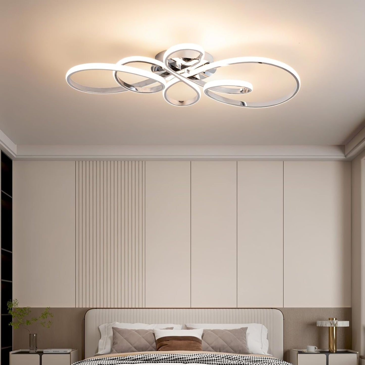 66W Modern LED Ceiling Light, 5 Rings Flower Flush Mount Light Fixture with Remote Control Chrome Dimmable Ceiling Lamp for Living Room, Bedroom, Dining Room, Hallway, Kitchen