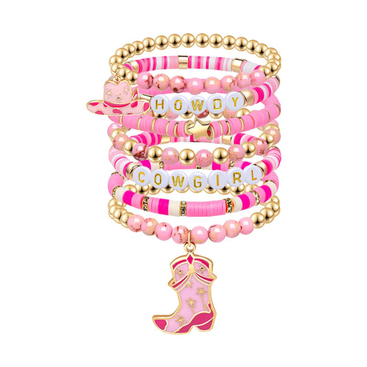Artlunar Western Cowgirl Beaded Stretch Bracelets, Stackable cowgirl hat boot accessories, Bohemian Jewelry for Women Girls Teens Christmas Birthday Gift Pink