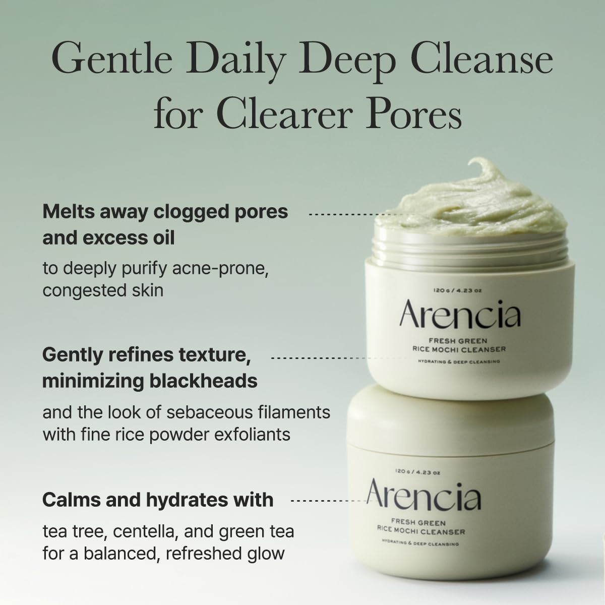 ARENCIA Korean Rice Mochi Face Cleanser - Face Wash, Gentle Scrub All in One for Deep Cleansing, Moisturizing, Pore Minimizing, Acne-Prone Skin, Removing Blackhead with Rice Water & Green Tea