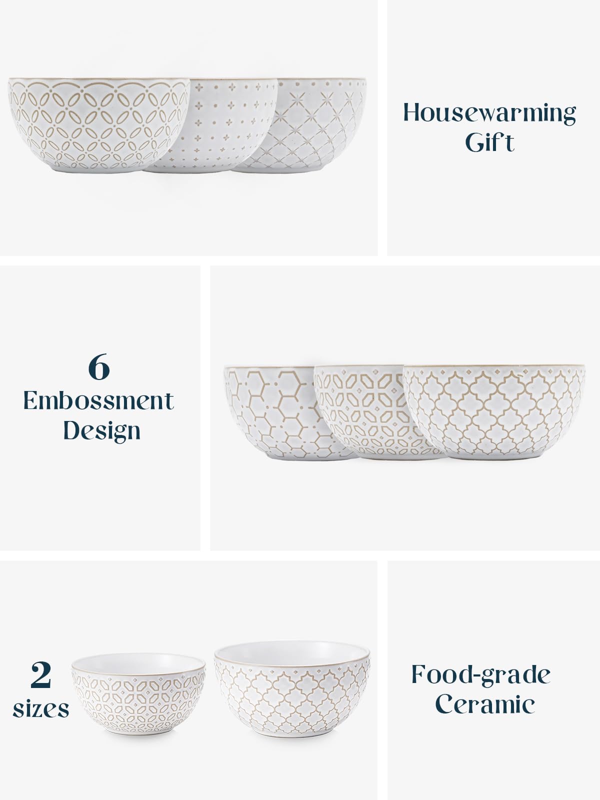 DOWAN Soup Bowls Set of 6, 22 OZ Cereal Bowls for Kitchen, 6" Ceramic Embossment Bowl for Salad, Pho, Fruits, Rice, Large Bowls Decor & Housewarming Gift, Dishwasher & Microwave Safe