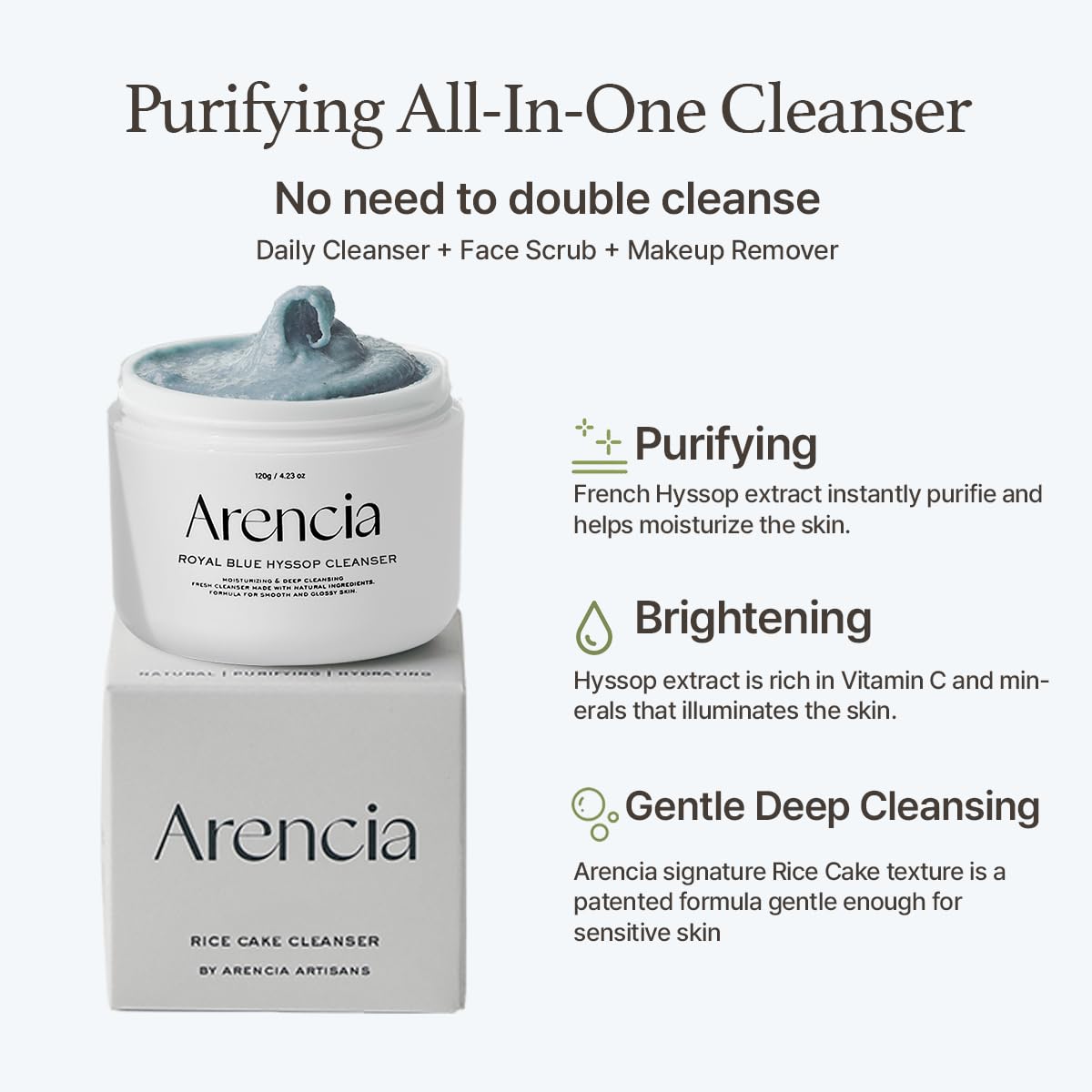 ARENCIA Korean Rice Mochi Face Cleanser - Face Wash, Gentle Scrub All in One for Deep Cleansing, Moisturizing, Pore Minimizing, Acne-Prone Skin, Removing Blackhead with Rice Water & Green Tea