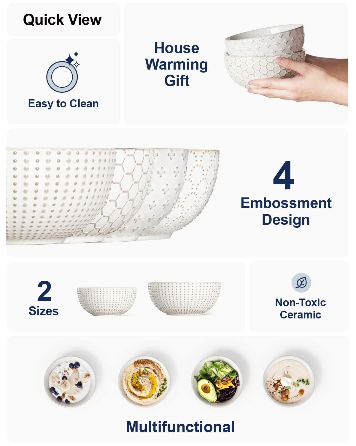 LE TAUCI Large Soup Bowl 42 OZ, Ceramic Kitchen Bowl Set for Soup, Pho, Chip, Pasta, Fruits, Salad, Noodle and Ramen- 7 Inch, Set of 4, Arctic white