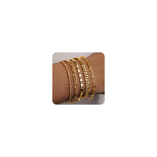 Gokeey Gold Bracelets for Women Trendy 14K Real Gold Jewelry Sets Stack Dainty Stackable Paperclip Cuban Figaro Chain Bracelets Pack Layered Link Chain Bracelet for Women Cute 5pcs Adjustable
