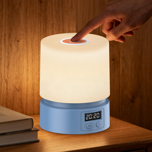 Nursery Night Light with Clock for Kids, Touch Lamp Bedside Desk Lamp, Portable Breastfeeding Night Lamp for Baby, 3 Color Stepless Dimming Up for Restaurant,Bedroom,Rechargeable (Blue)