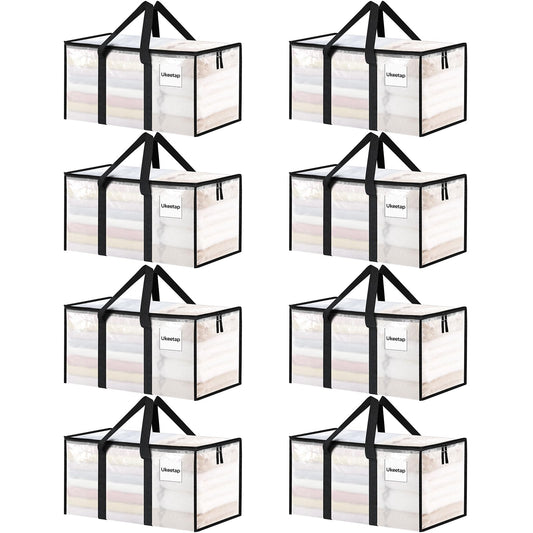 8 Pack Extra Large Heavy Duty Moving Bags, Clear Storage Bins with Lids, Reinforced Handles & Heavy-Duty Zippers Moving Boxes Storage Bags Totes for Clothes Packing, Dorms, College Supplies, Clear