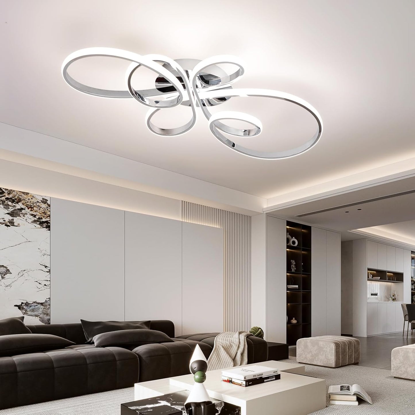 66W Modern LED Ceiling Light, 5 Rings Flower Flush Mount Light Fixture with Remote Control Chrome Dimmable Ceiling Lamp for Living Room, Bedroom, Dining Room, Hallway, Kitchen