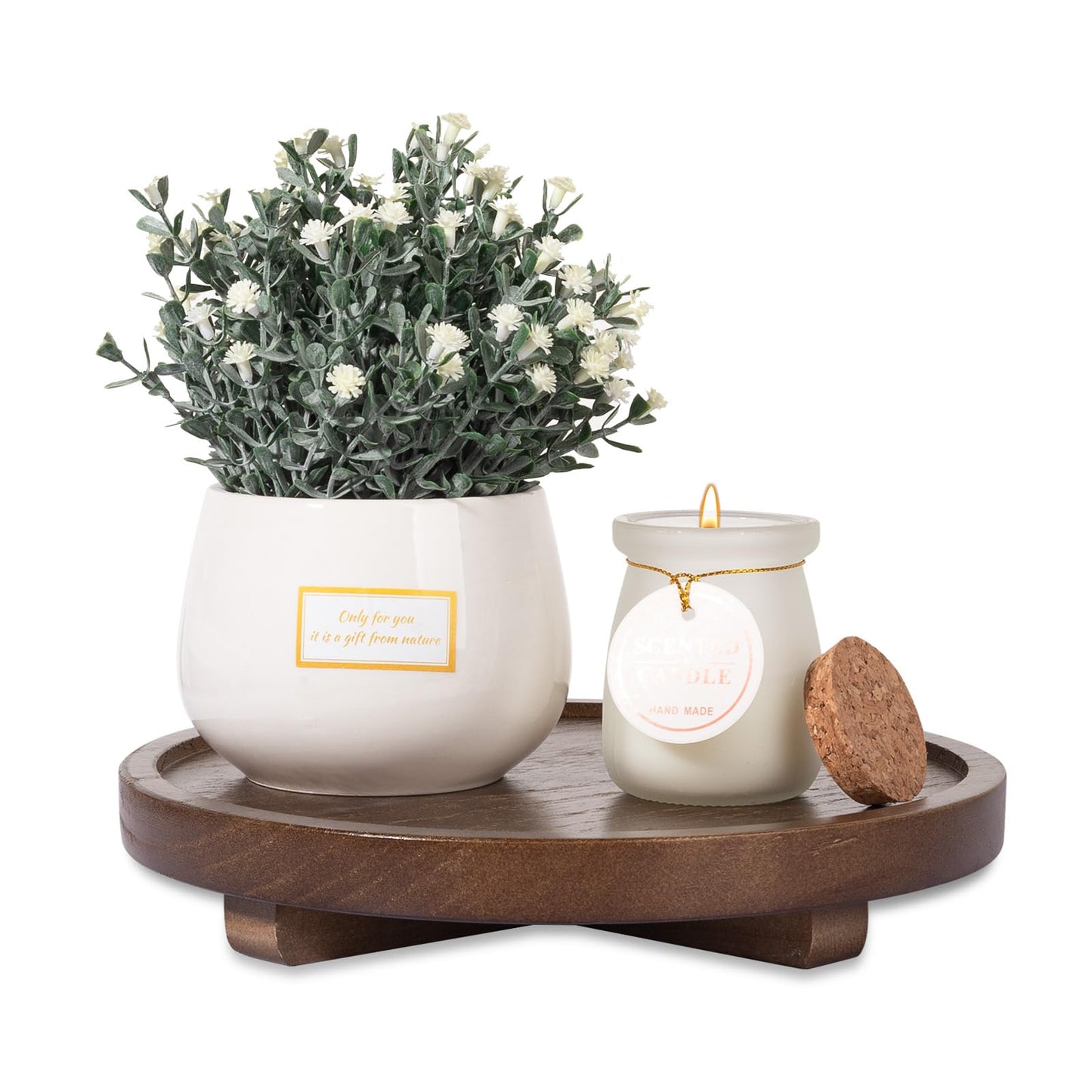 Round Decorative Tray Wood Bathroom Counter Organizer Farmhouse Kitchen Decor Wooden Riser for Soap Dish, Perfume, Candle, Sponge, 10" - Brown