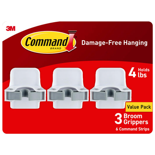 Command Broom and Mop Grippers, 3 Hangers and 6 Command Strips, Damage-Free Hanging Wall Mount Broom and Mop Holder, Household Cleaning Organizer for Organization and Storage, Holds up to 4 lb