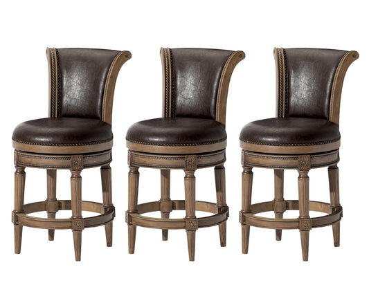 Maven Lane Pullman Counter Stool 26 Inches – Set of 3 – Swivel Stools with Footrest – Brown Solid Wood Frame & Beige Faux Leather Upholstery – Perfect for Kitchen Islands & Counters