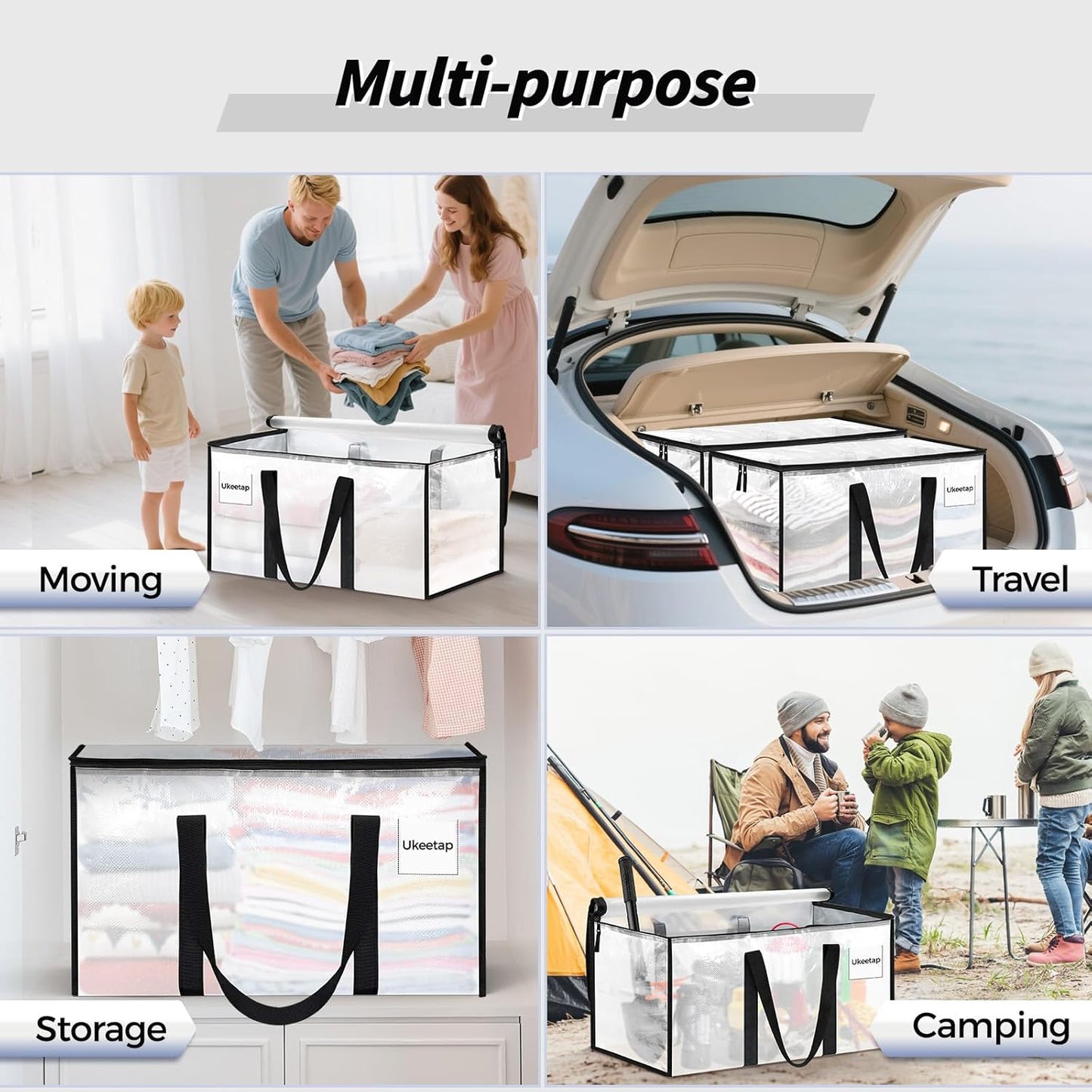 8 Pack Extra Large Heavy Duty Moving Bags, Clear Storage Bins with Lids, Reinforced Handles & Heavy-Duty Zippers Moving Boxes Storage Bags Totes for Clothes Packing, Dorms, College Supplies, Clear