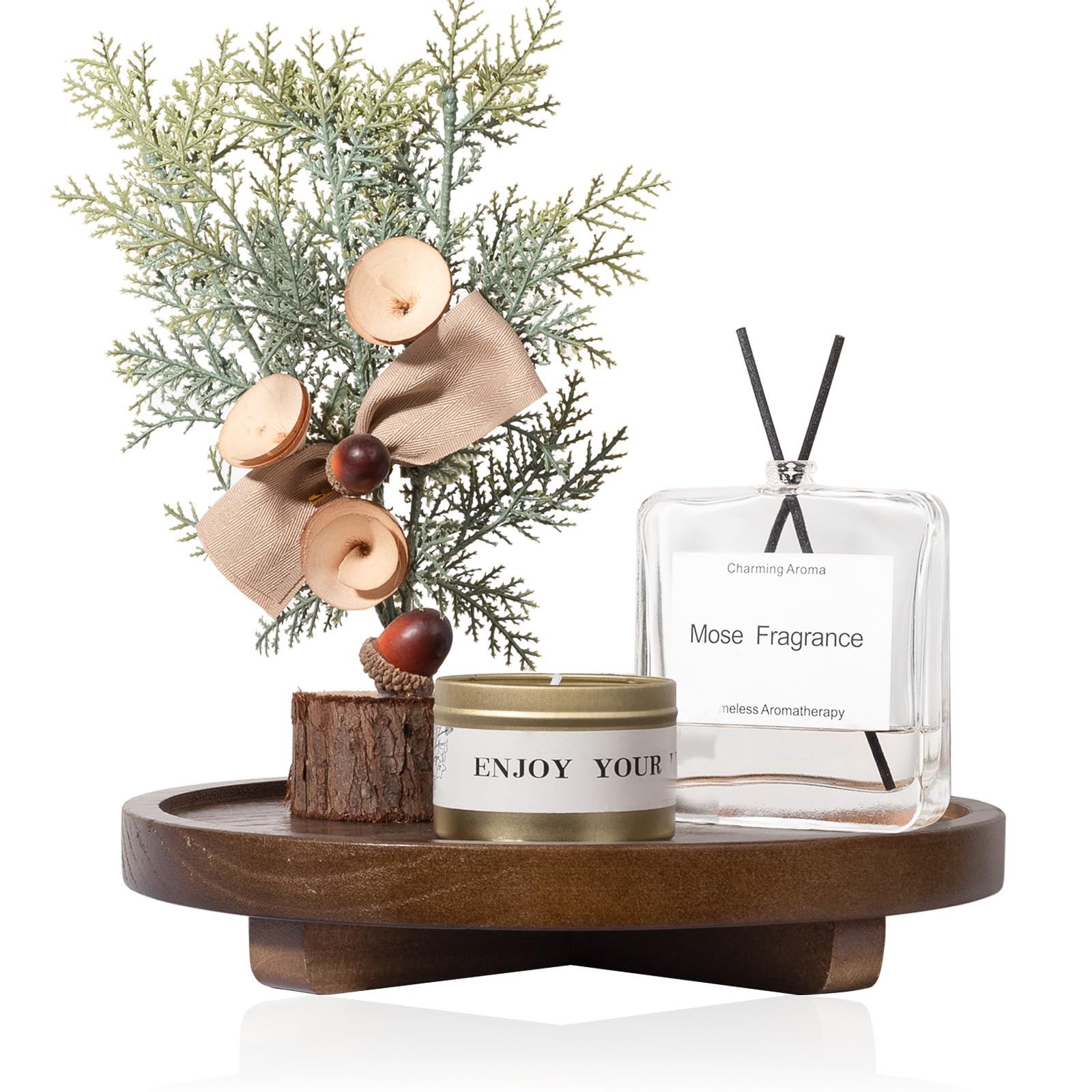 Round Decorative Tray Wood Bathroom Counter Organizer Farmhouse Kitchen Decor Wooden Riser for Soap Dish, Perfume, Candle, Sponge, 10" - Brown