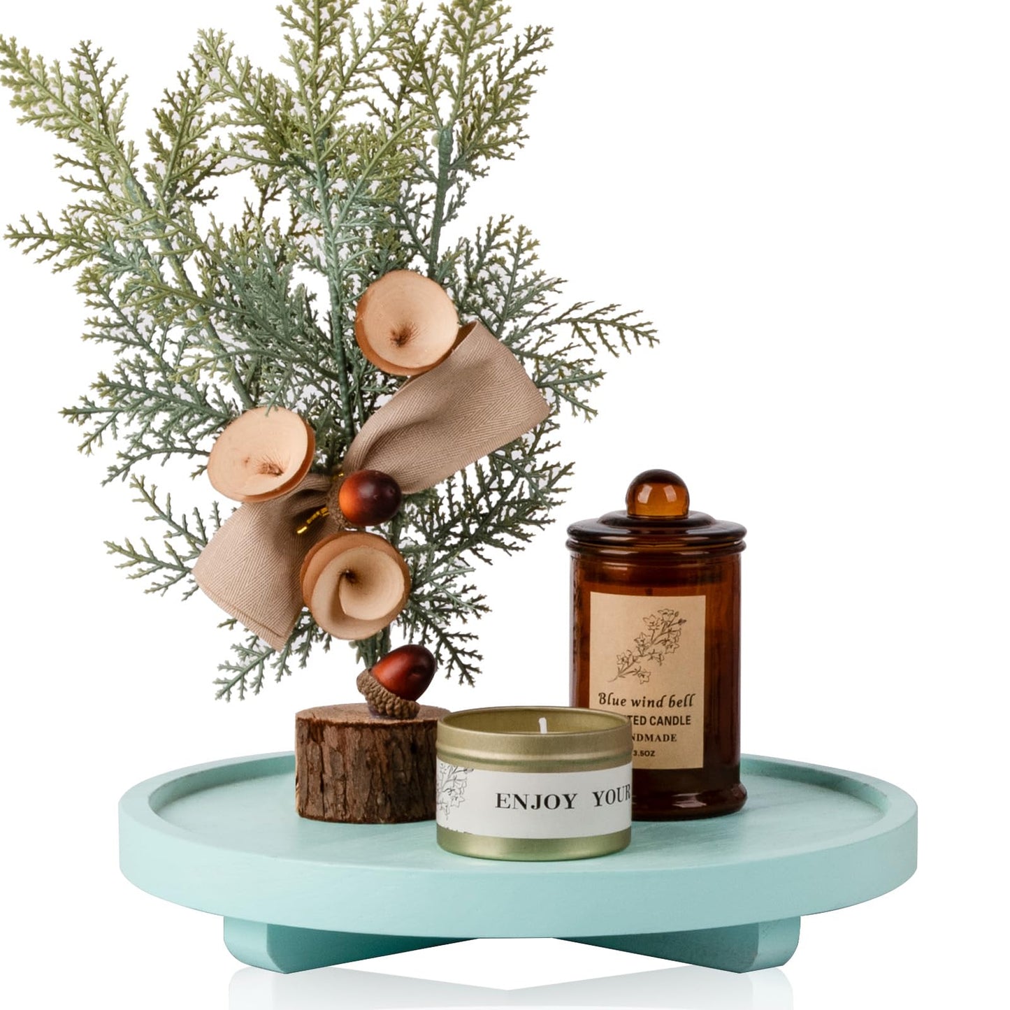 Round Decorative Tray Wood Bathroom Counter Organizer Farmhouse Kitchen Decor Wooden Riser for Soap Dish, Perfume, Candle, Sponge, 10" - Brown