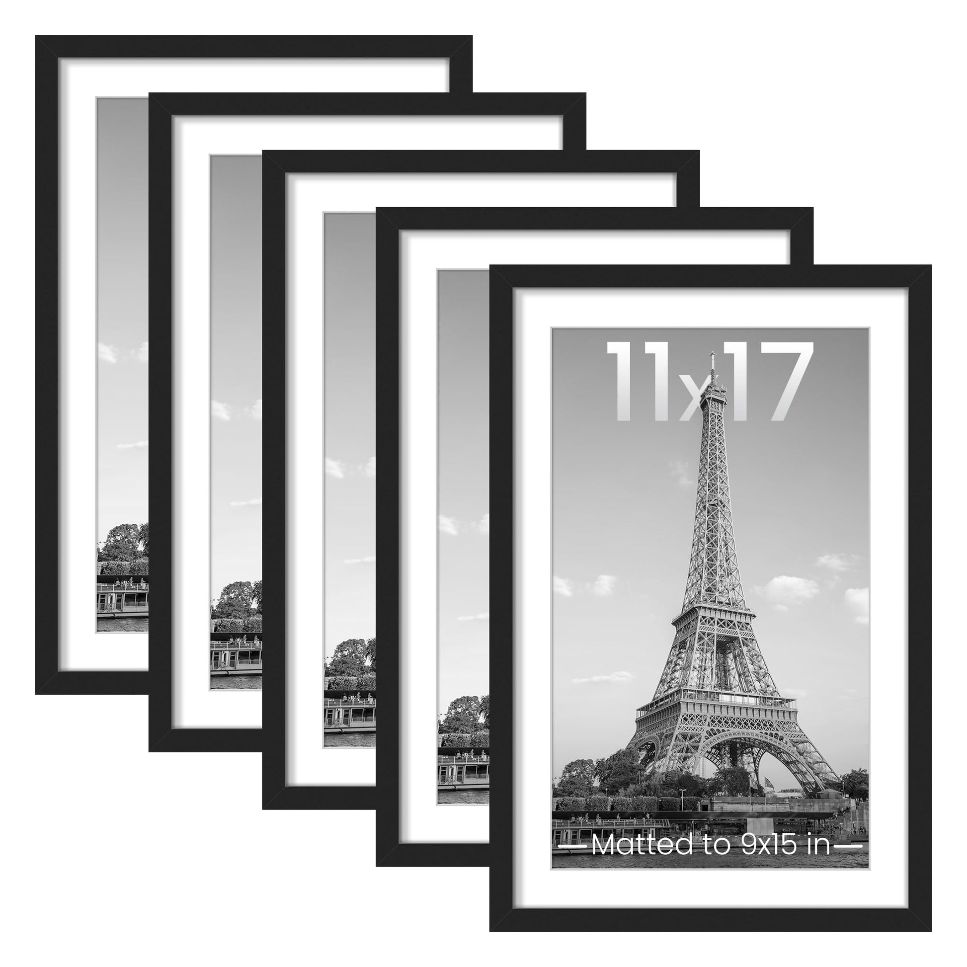 upsimples 11x14 Picture Frame Set of 5, Display Pictures 8x10 with Mat or 11x14 Without Mat, Wall Gallery Photo Frames, Black