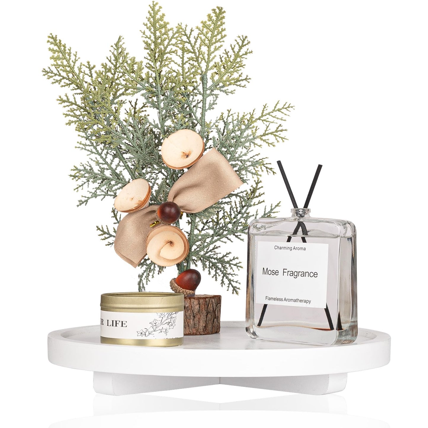 Round Decorative Tray Wood Bathroom Counter Organizer Farmhouse Kitchen Decor Wooden Riser for Soap Dish, Perfume, Candle, Sponge, 10" - Brown