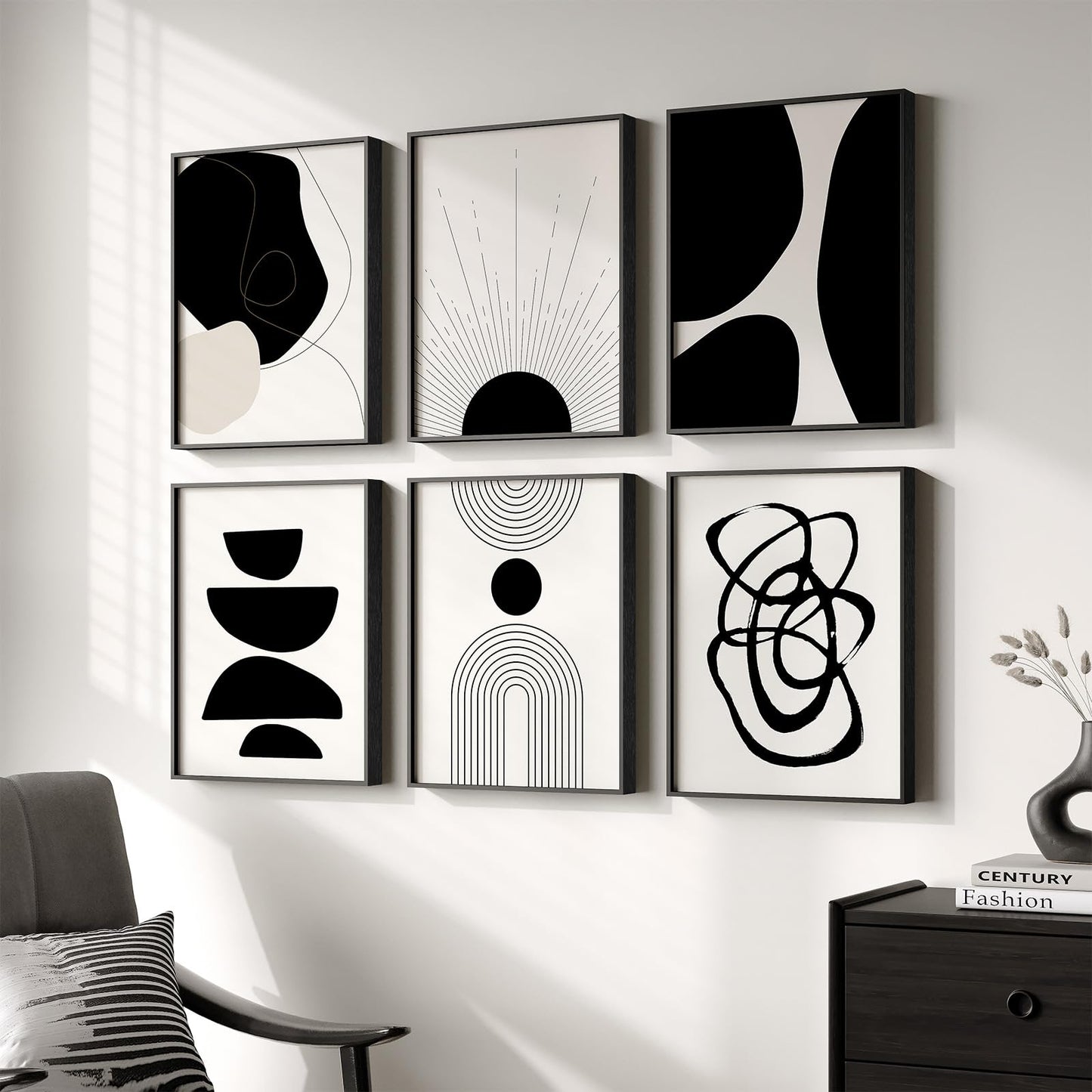 Framed Boho Black and White Brown Modern Abstract Wall Art for Living Room, Set of 6 Bohemian Wall Hanging Artwork, Minimalist Sun Geometric Pictures for Bedroom Office Bathroom Wall Decor 11x14 Inch