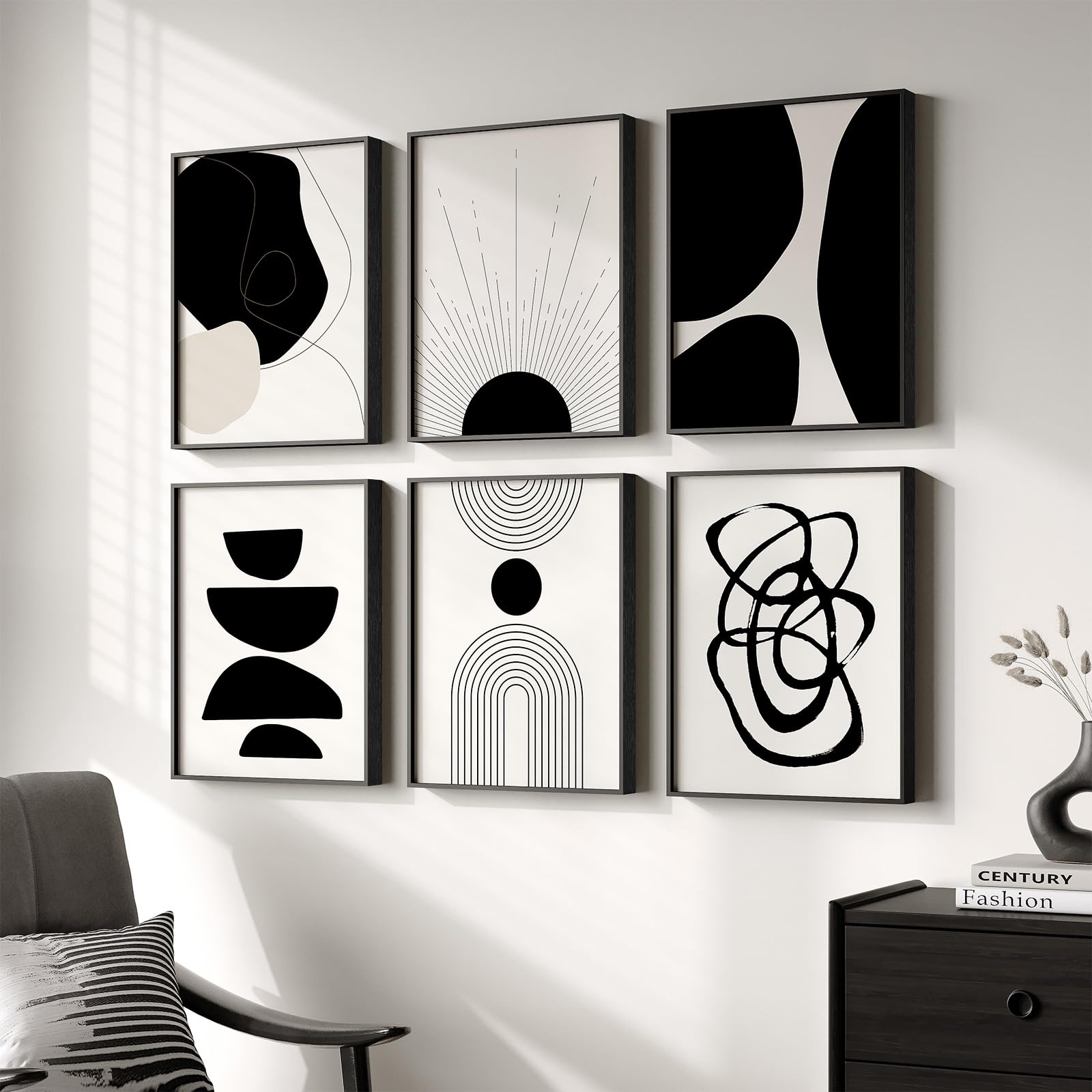 Framed Boho Black and White Brown Modern Abstract Wall Art for Living Room, Set of 6 Bohemian Wall Hanging Artwork, Minimalist Sun Geometric Pictures for Bedroom Office Bathroom Wall Decor 11x14 Inch