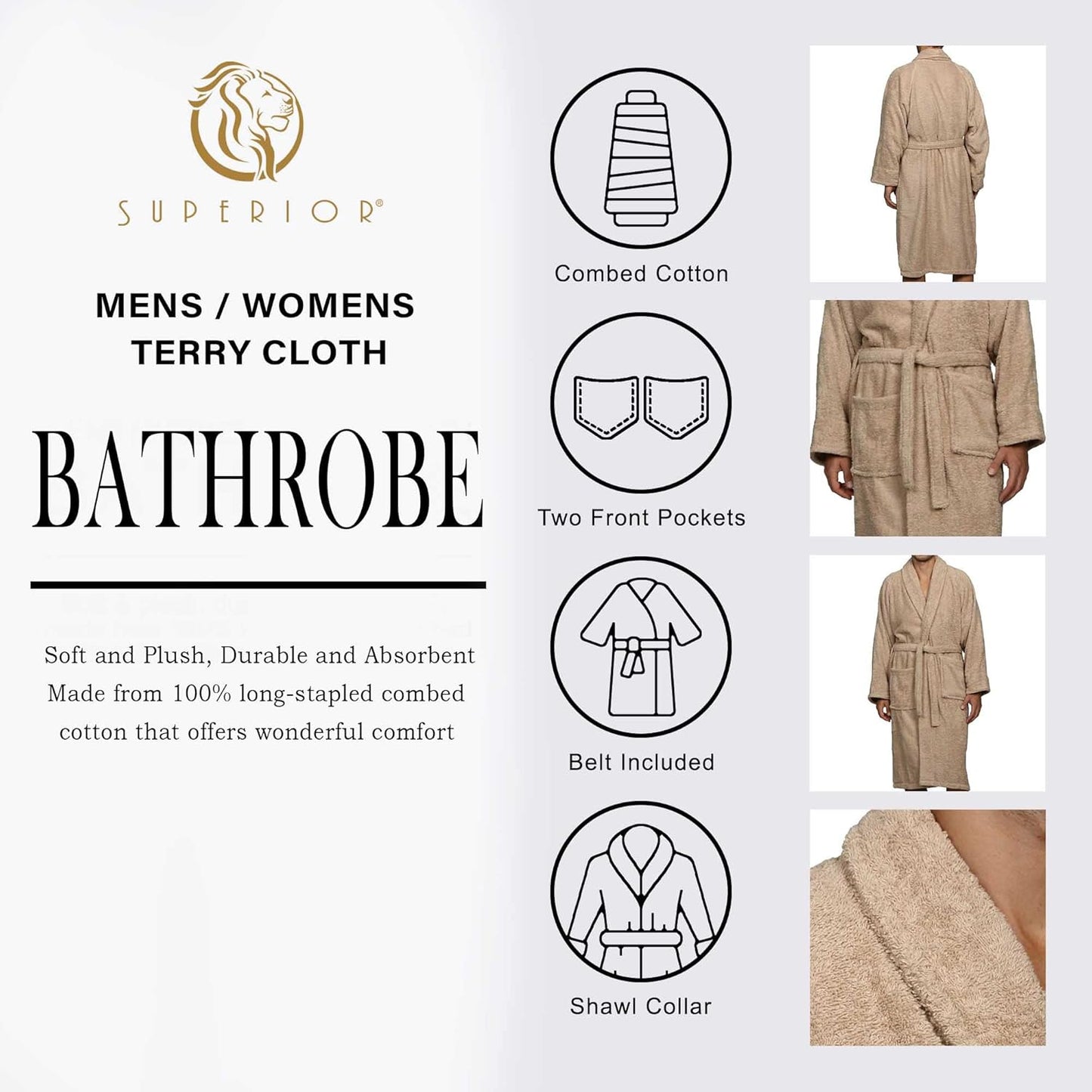 Superior Cotton Unisex Terry Robe, Soft And Absorbent Robes For Men And Women, Bathroom Accessories