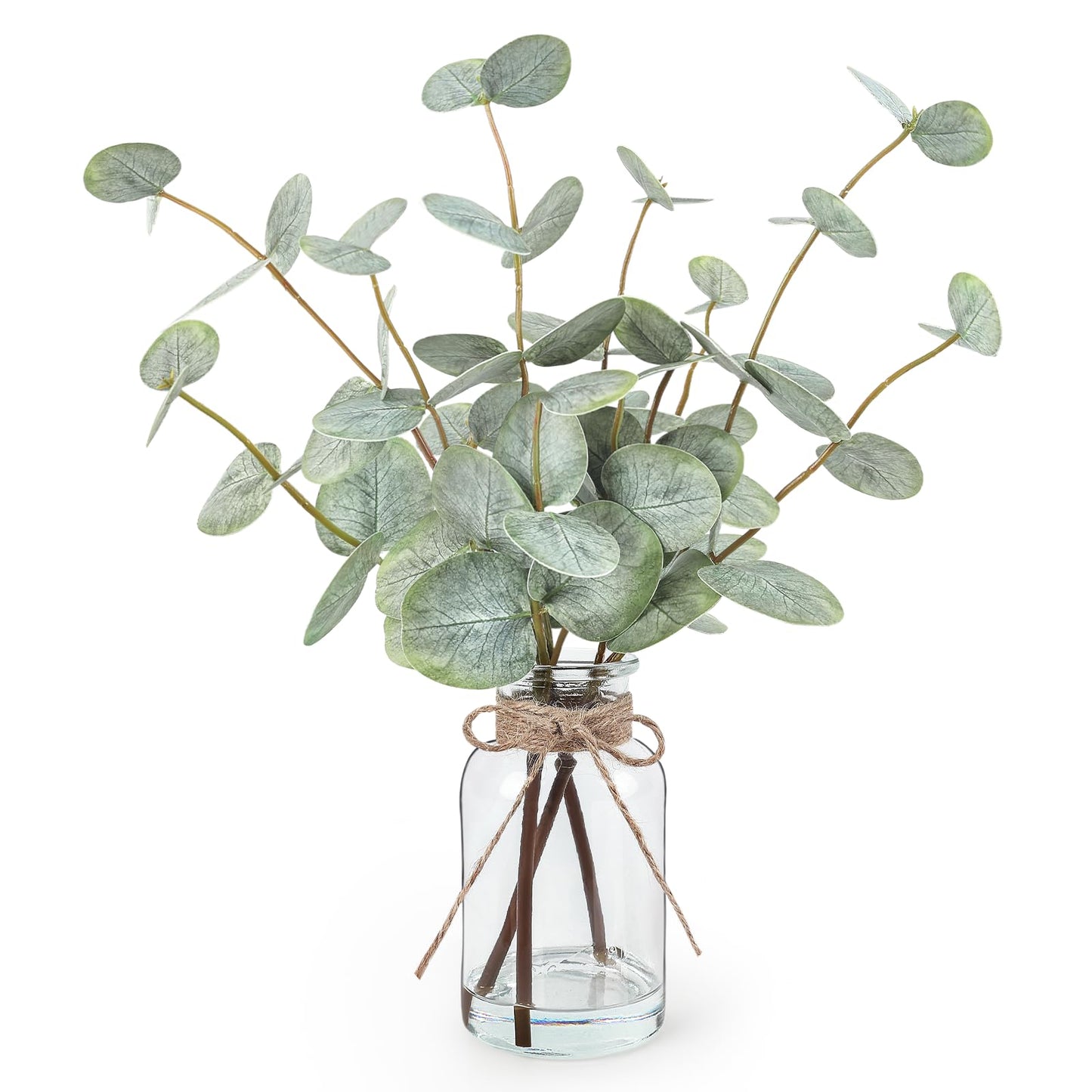 Artificial Eucalyptus Stems in Glass Vase with Faux Water, 13.5” Fake Plants for Home Decor, Coffee Table Centerpieces, Office, Bathroom & Farmhouse Weddings - Faux Greenery Plants Decorations
