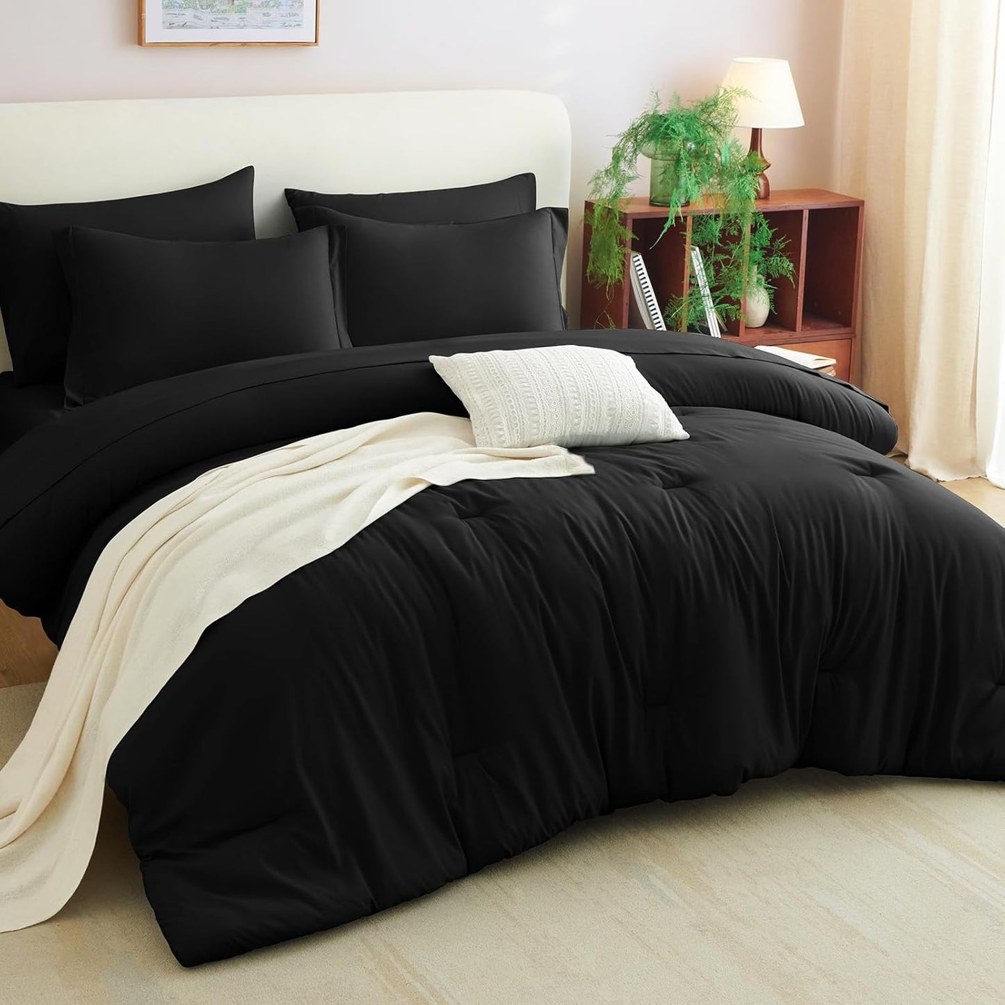 CozyLux Queen Comforter Set Black, 7 Pieces Bed in a Bag Soft Bedding Comforter Set with Sheets, All Season Boho 7PC Bed Sets with Comforter, Fitted Sheets, Flat Sheets, Pillow Shams and Pillowcases