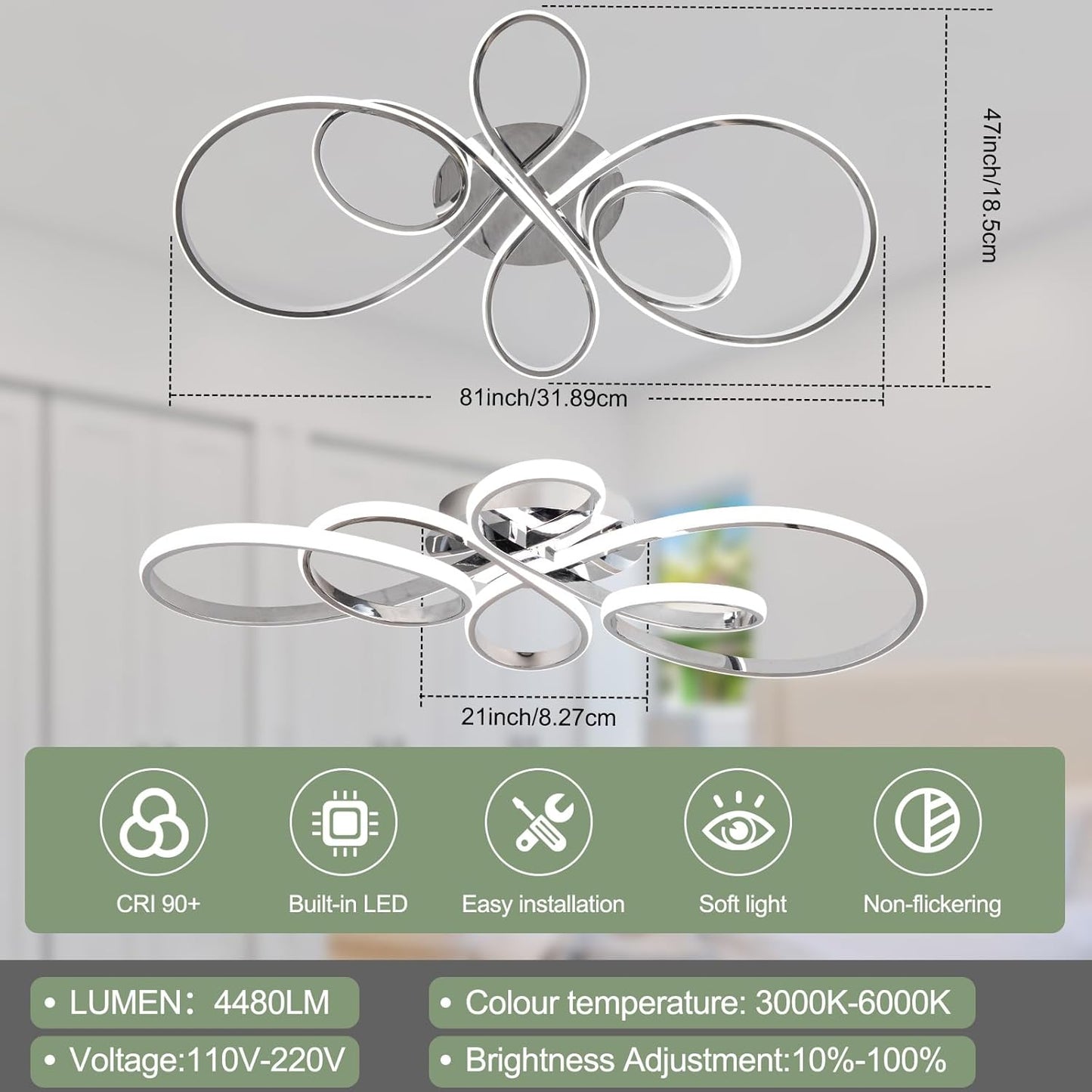 66W Modern LED Ceiling Light, 5 Rings Flower Flush Mount Light Fixture with Remote Control Chrome Dimmable Ceiling Lamp for Living Room, Bedroom, Dining Room, Hallway, Kitchen