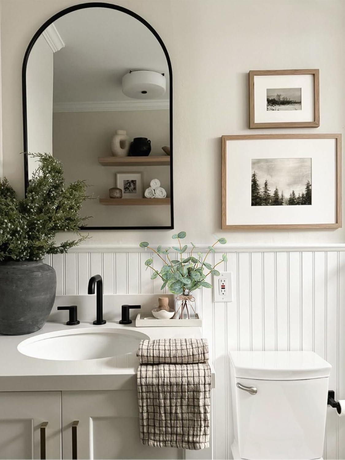 Artificial Eucalyptus Stems in Glass Vase with Faux Water, 13.5” Fake Plants for Home Decor, Coffee Table Centerpieces, Office, Bathroom & Farmhouse Weddings - Faux Greenery Plants Decorations