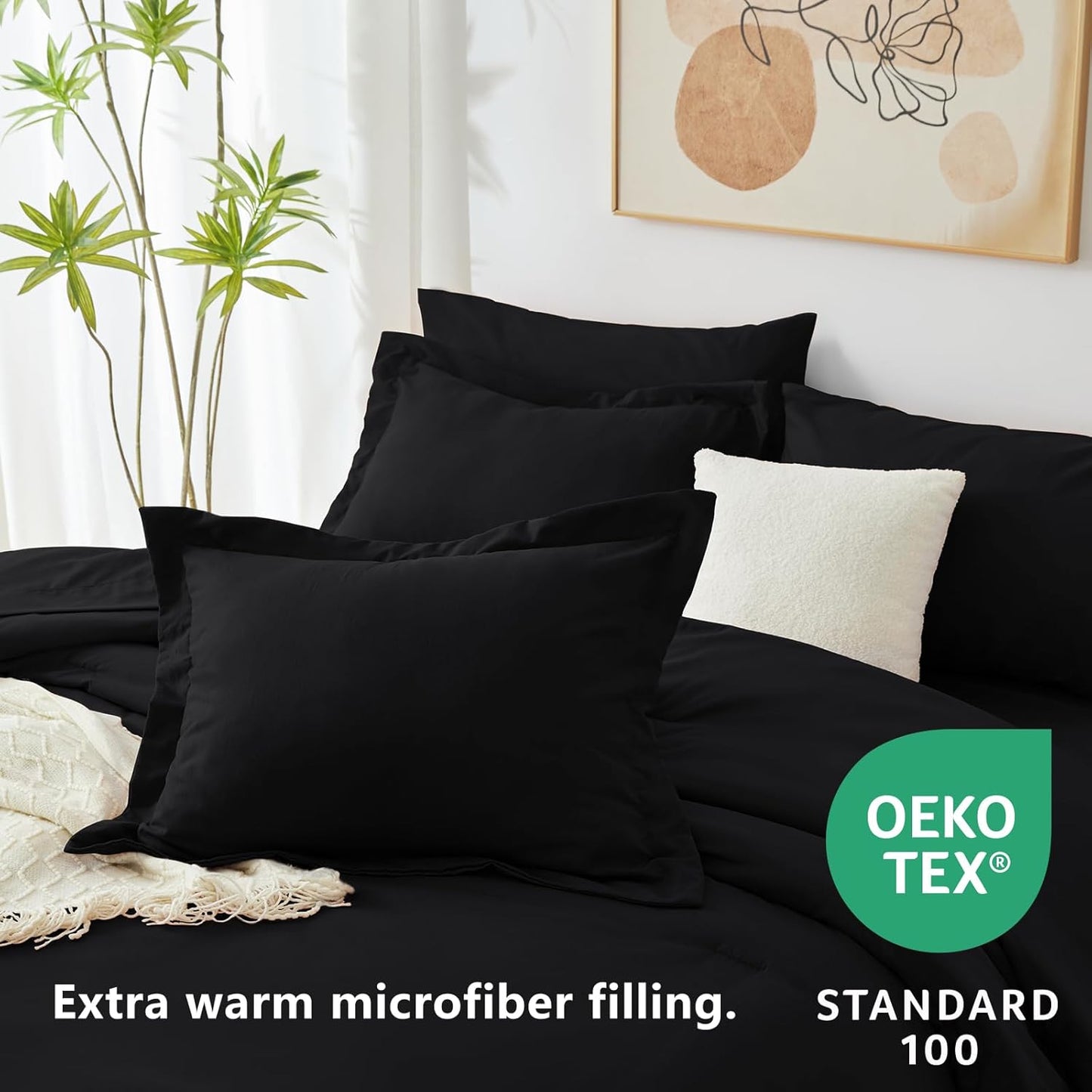 CozyLux Queen Comforter Set Black, 7 Pieces Bed in a Bag Soft Bedding Comforter Set with Sheets, All Season Boho 7PC Bed Sets with Comforter, Fitted Sheets, Flat Sheets, Pillow Shams and Pillowcases