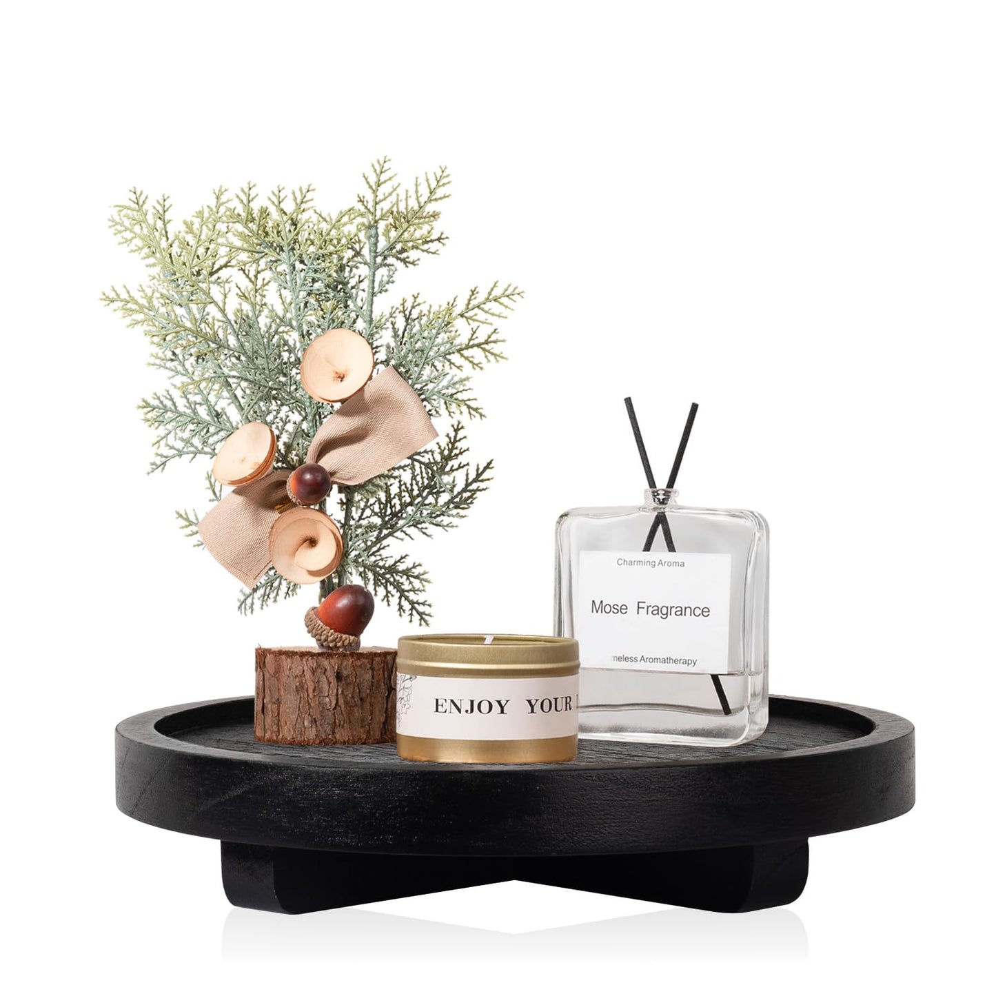 Round Decorative Tray Wood Bathroom Counter Organizer Farmhouse Kitchen Decor Wooden Riser for Soap Dish, Perfume, Candle, Sponge, 10" - Brown