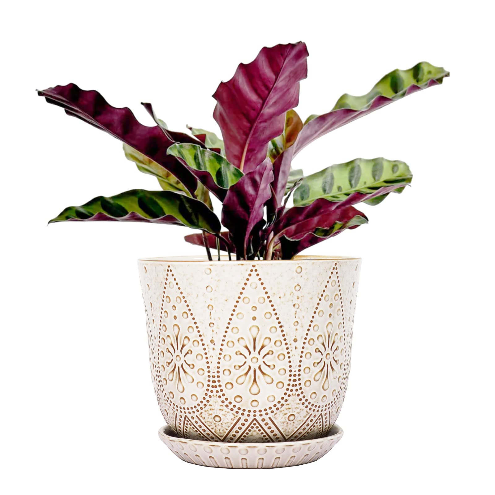 Gepege 6 Inch Beaded Ceramic Planter Set of 2 with Drainage Hole and Saucer for Plants, Indoor-Outdoor Large Round Succulent Orchid Flower Pot (Smoked Gray, Inner-pots not Larger Than 5 Inch)