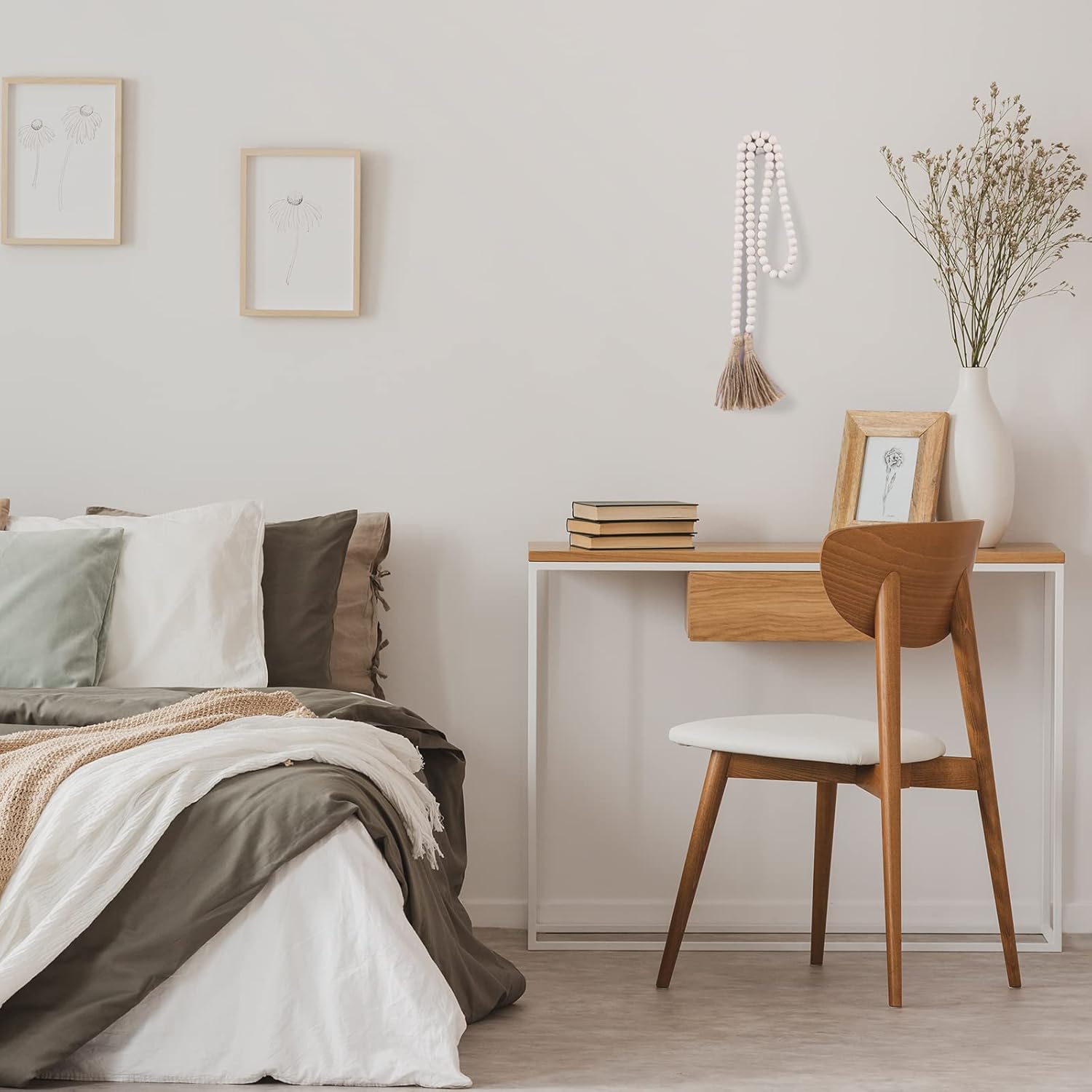 Farmhouse Beads 58in Wood Bead Garland with Tassels Rustic Country Decor Prayer Boho Beads Big Wall Hanging Decor