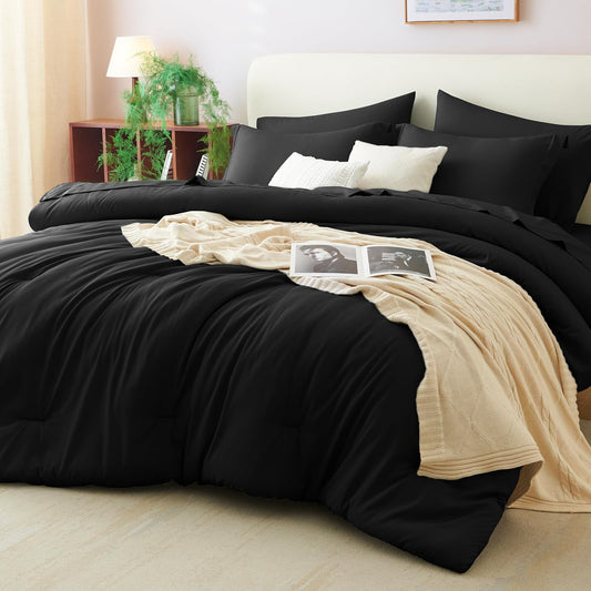 CozyLux Queen Comforter Set Black, 7 Pieces Bed in a Bag Soft Bedding Comforter Set with Sheets, All Season Boho 7PC Bed Sets with Comforter, Fitted Sheets, Flat Sheets, Pillow Shams and Pillowcases