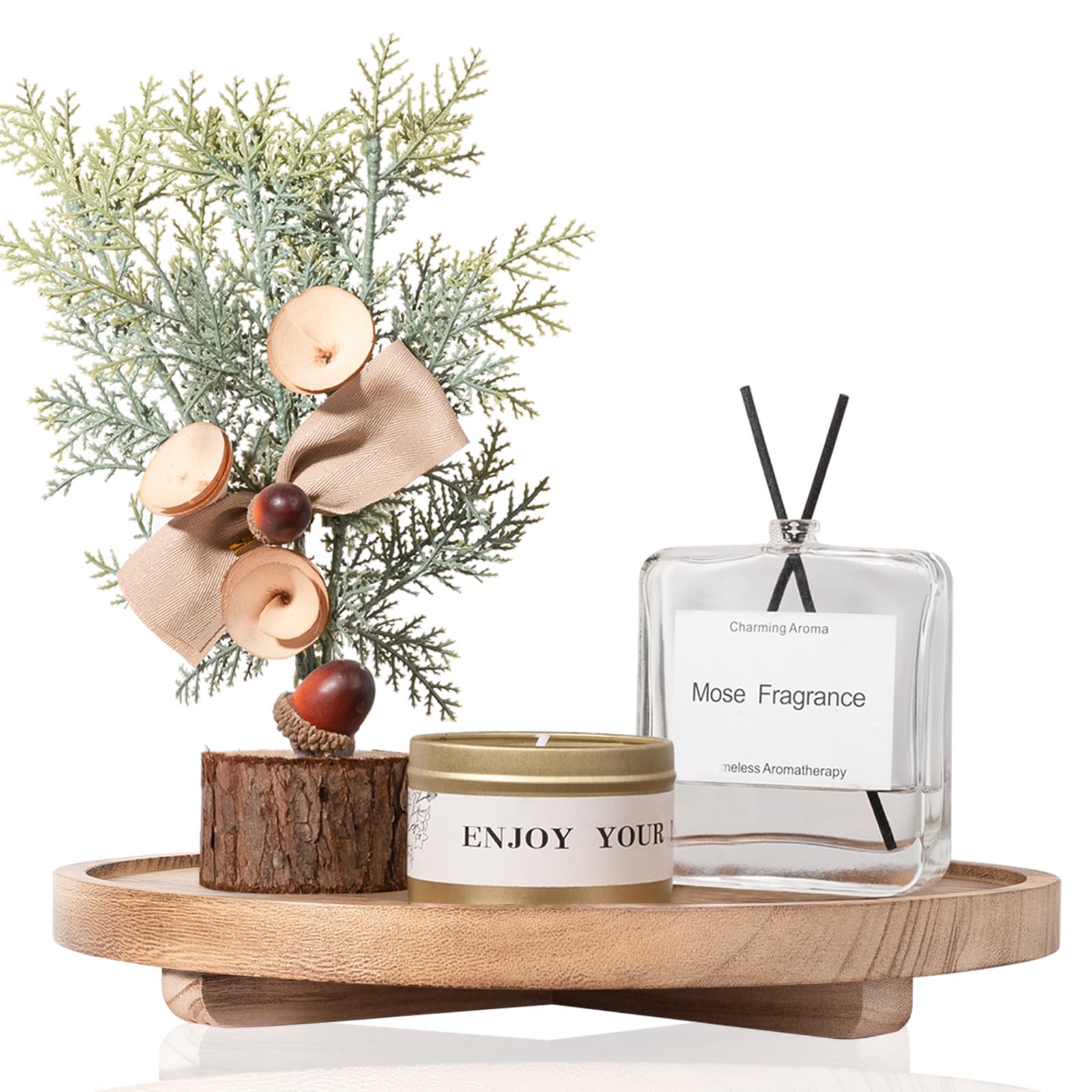 Round Decorative Tray Wood Bathroom Counter Organizer Farmhouse Kitchen Decor Wooden Riser for Soap Dish, Perfume, Candle, Sponge, 10" - Brown