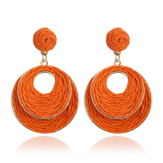 RUOFFETA Handmade Raffia Hoop Earrings for Women - Lightweight Boho Dangle Jewelry, Summer Beach Vacation Accessories, Round Oval Straw Wrap Design(Orange Round)
