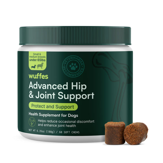 Wuffes Advanced Dog Hip and Joint Supplement with Glucosamine, Chondroitin, Omega 3, MSM, and Green Lipped Mussel, 60 Pork Flavored Chews for Small and Medium Dog Breeds
