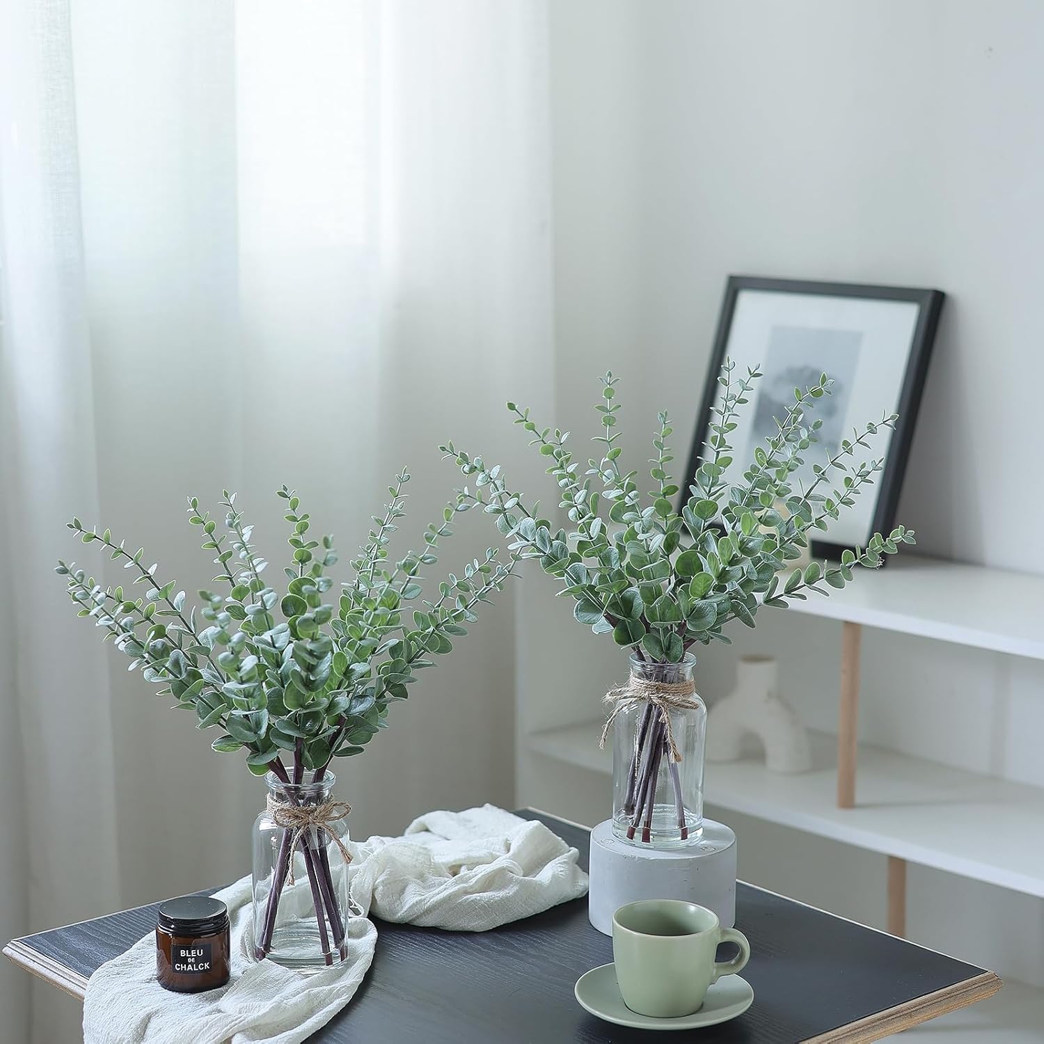 VIERENA 17.5" Artificial Eucalyptus Stems in Glass Vase with Faux Water,Fake Plant Eucalyptus Leaves White Seeds for Centerpiece Table Decorations Farmhouse Wedding Home Greenery Decor (Sage Green)