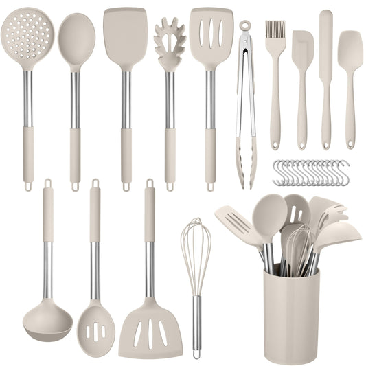 HaWare 29 PCS Silicone Cooking Utensils Set, Heat Resistant Kitchen Utensils Set with Stainless Steel Handle, Spatula Sets with Holder and Hooks, Kitchen Tools Gadgets for Nonstick Cookware -Khaki
