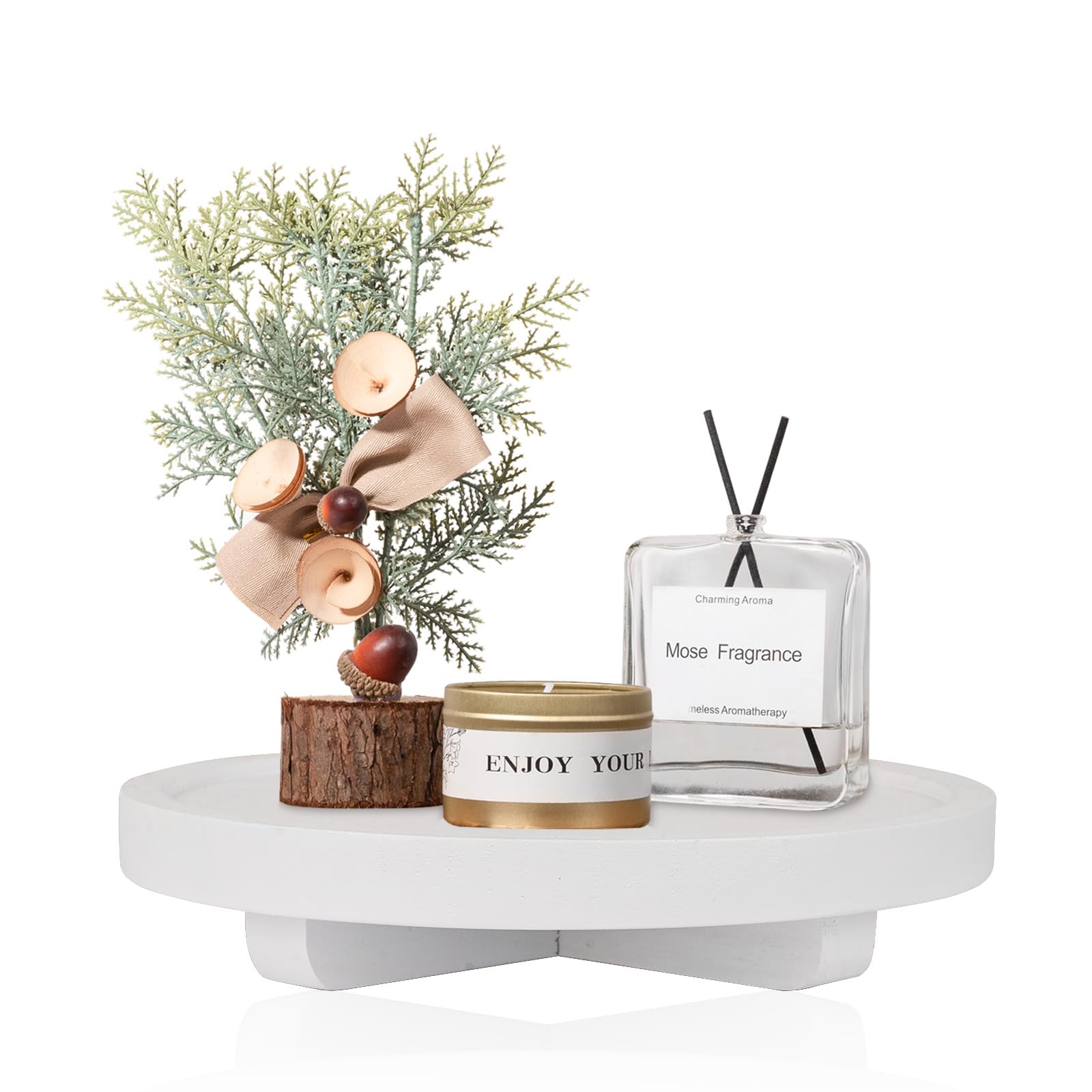 Round Decorative Tray Wood Bathroom Counter Organizer Farmhouse Kitchen Decor Wooden Riser for Soap Dish, Perfume, Candle, Sponge, 10" - Brown