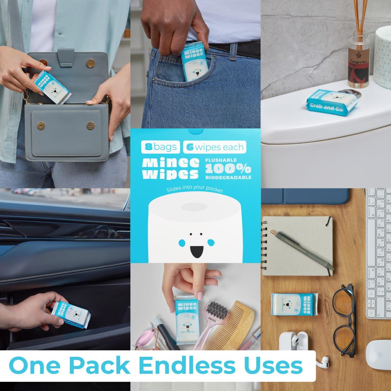 Impossibly Compact Travel Flushable Wipes with Natural Extracts - Skin-Friendly Travel Essentials, Hypoallergenic & Unscented Travel Size Wipes for Adults, Kids & Baby Care - 8 Pack Total 48 Wipes