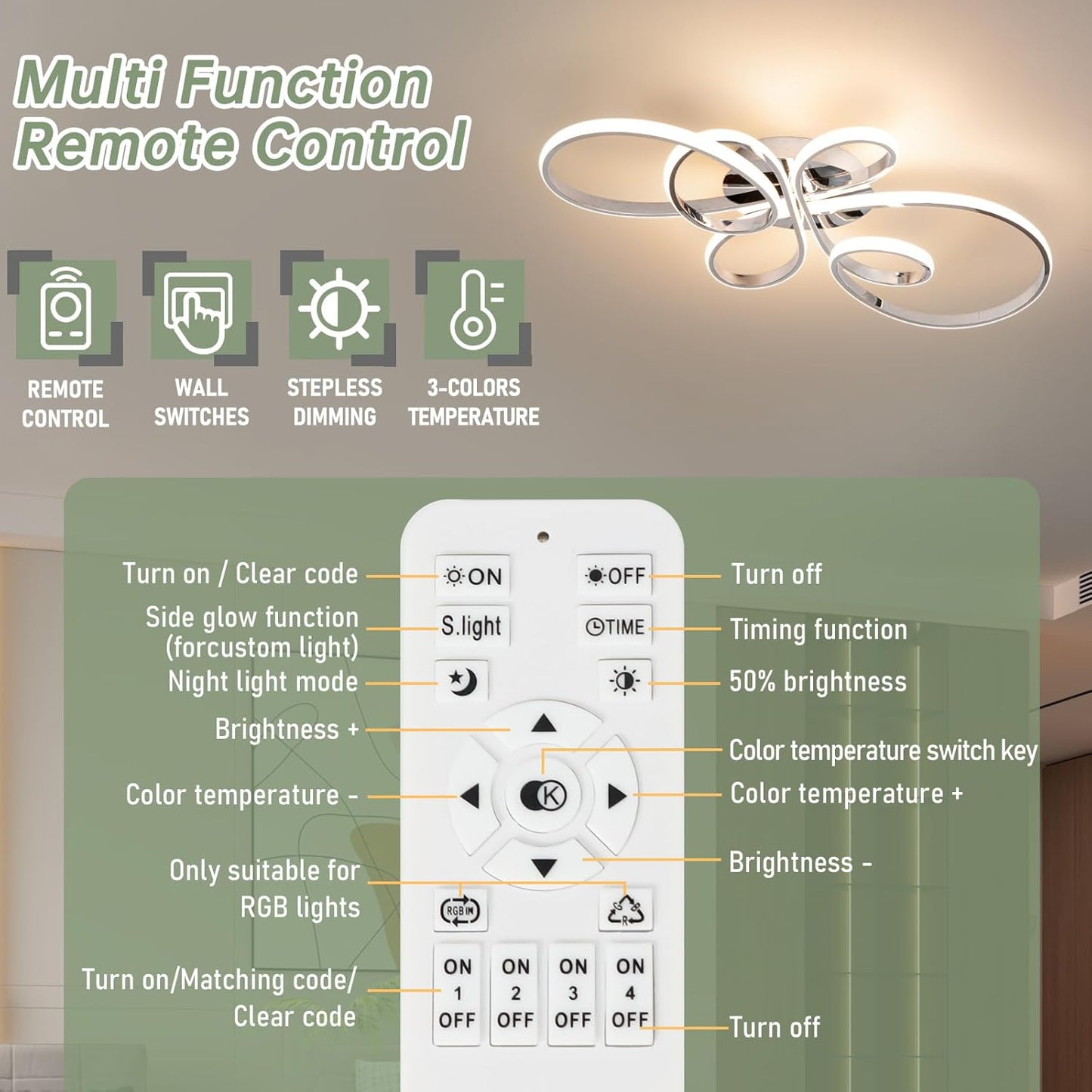 66W Modern LED Ceiling Light, 5 Rings Flower Flush Mount Light Fixture with Remote Control Chrome Dimmable Ceiling Lamp for Living Room, Bedroom, Dining Room, Hallway, Kitchen