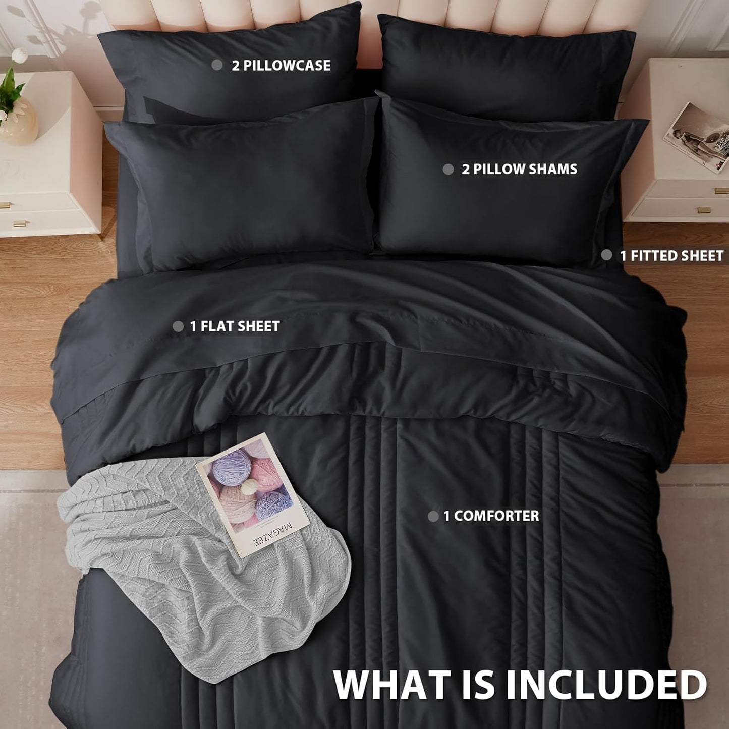 Twin Comforter Set Black - Bed in a Bag Twin Size 5 Pieces, Soft Bedding Set for All Seasons, Premium College Dorm Comforter Set with Comforter, 1 Sheet, 1 Pillowcase & 1 Sham