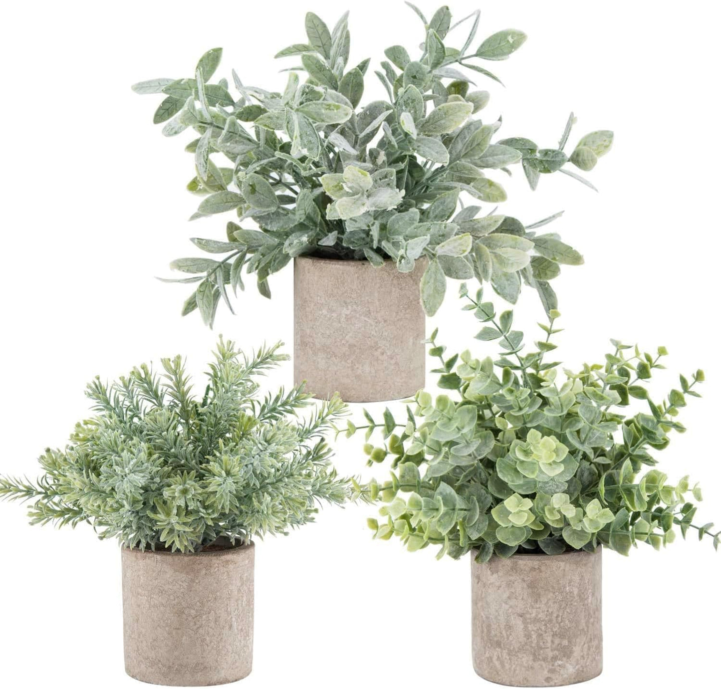 Der Rose 3 Pack Mini Potted Fake Plants Artificial Plastic Eucalyptus Plants Topiaries for Home Office Desk Farmhouse Room Bathroom Decor