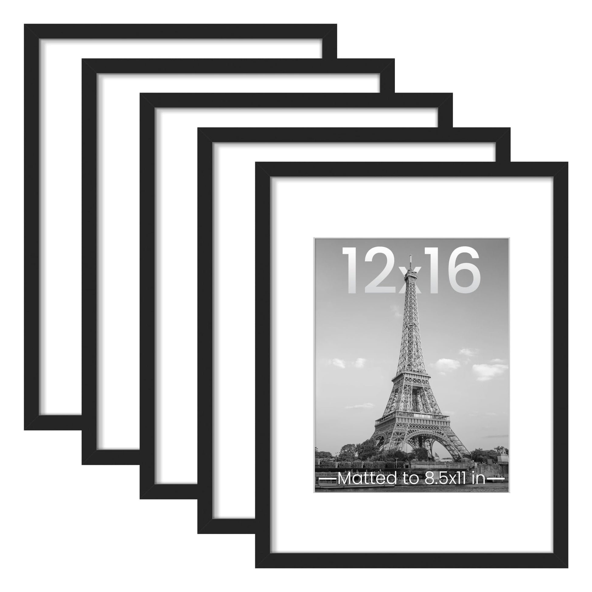 upsimples 11x14 Picture Frame Set of 5, Display Pictures 8x10 with Mat or 11x14 Without Mat, Wall Gallery Photo Frames, Black
