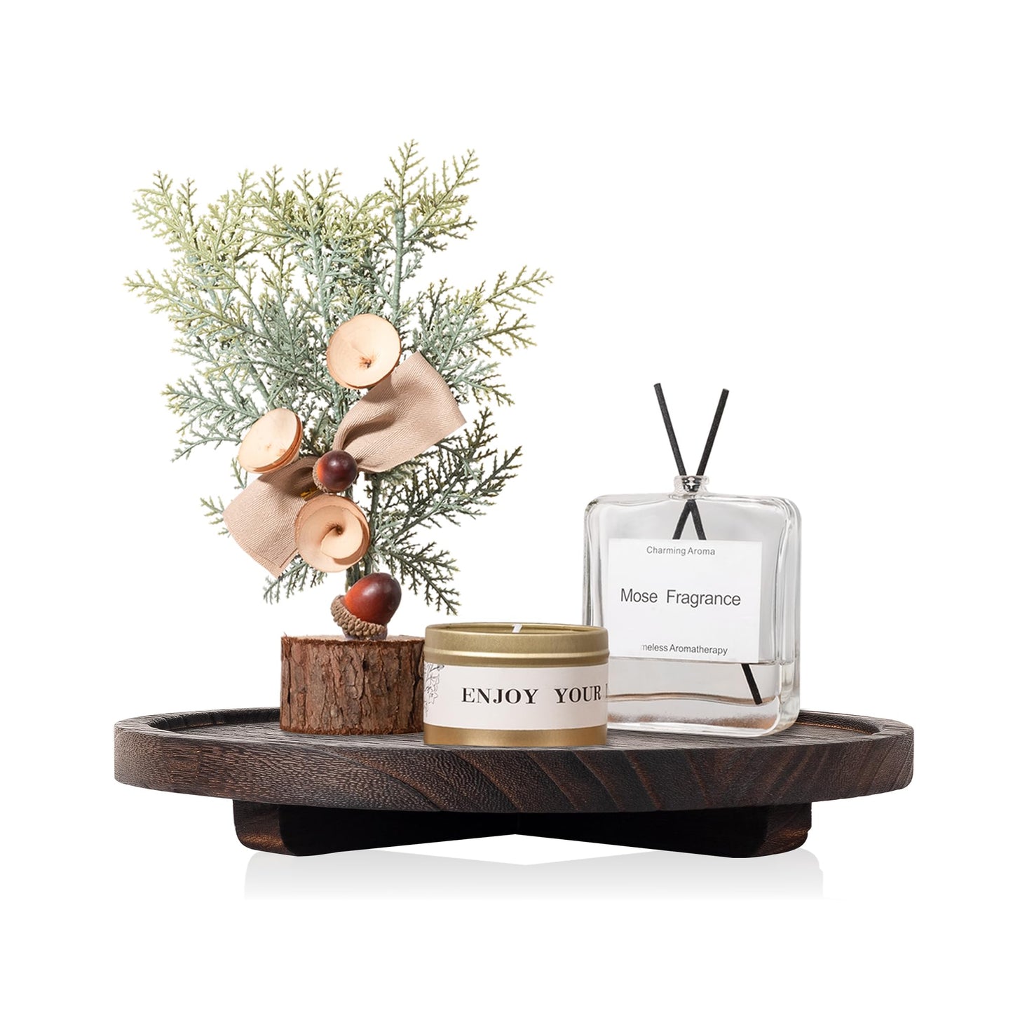 Round Decorative Tray Wood Bathroom Counter Organizer Farmhouse Kitchen Decor Wooden Riser for Soap Dish, Perfume, Candle, Sponge, 10" - Brown