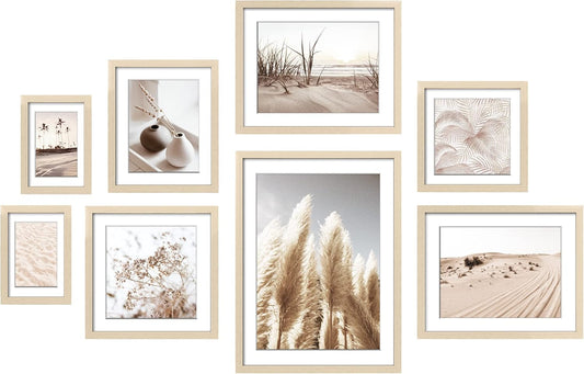 ArtbyHannah Gallery Wall Frame Set, 8 Pack Picture Frames Collage Wall Decor with Neutral Pampas Grass Art for Living Room, Assorted Size Including 11"x14", 8"x10", 5"x7"(Beige Frame)