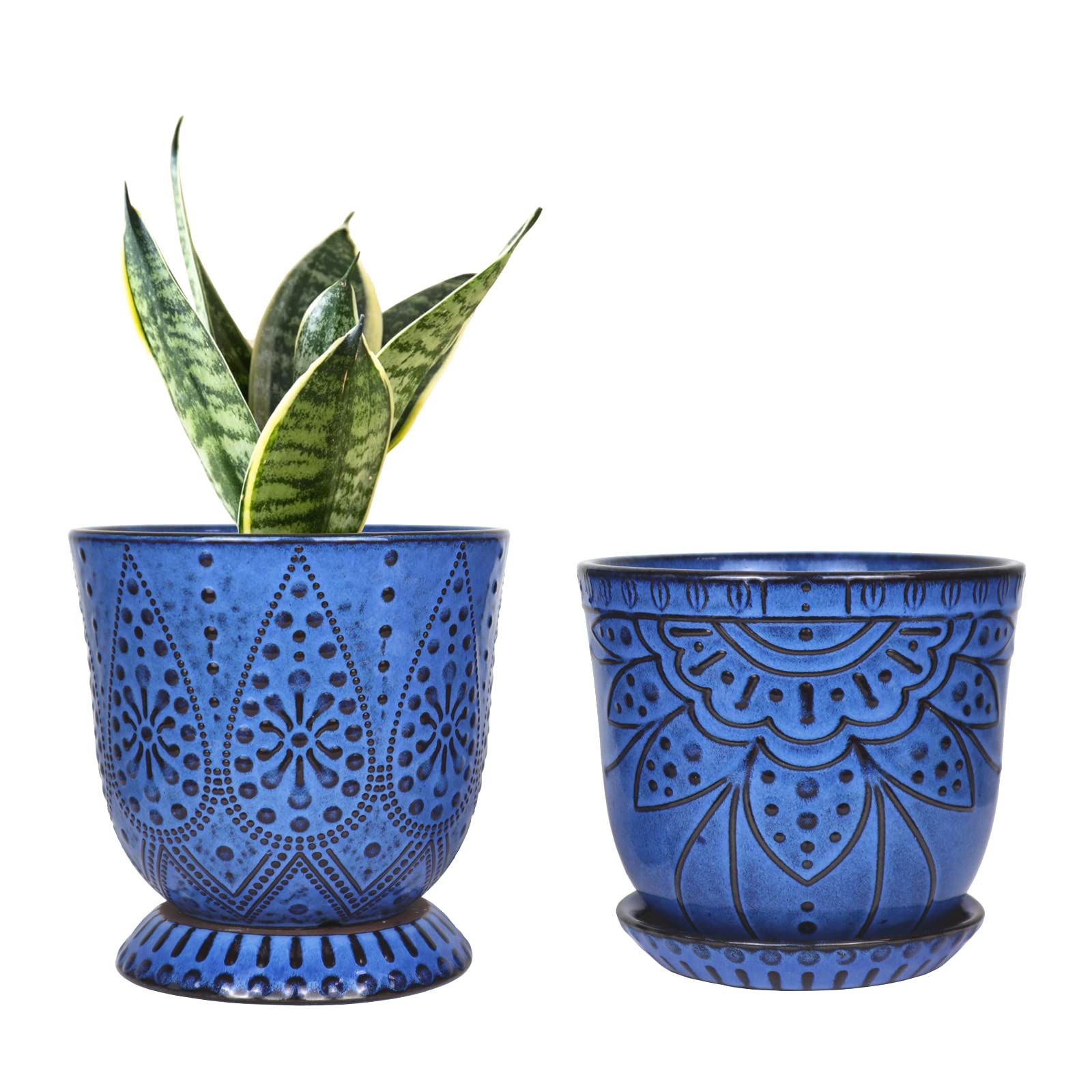 Gepege 6 Inch Beaded Ceramic Planter Set of 2 with Drainage Hole and Saucer for Plants, Indoor-Outdoor Large Round Succulent Orchid Flower Pot (Smoked Gray, Inner-pots not Larger Than 5 Inch)