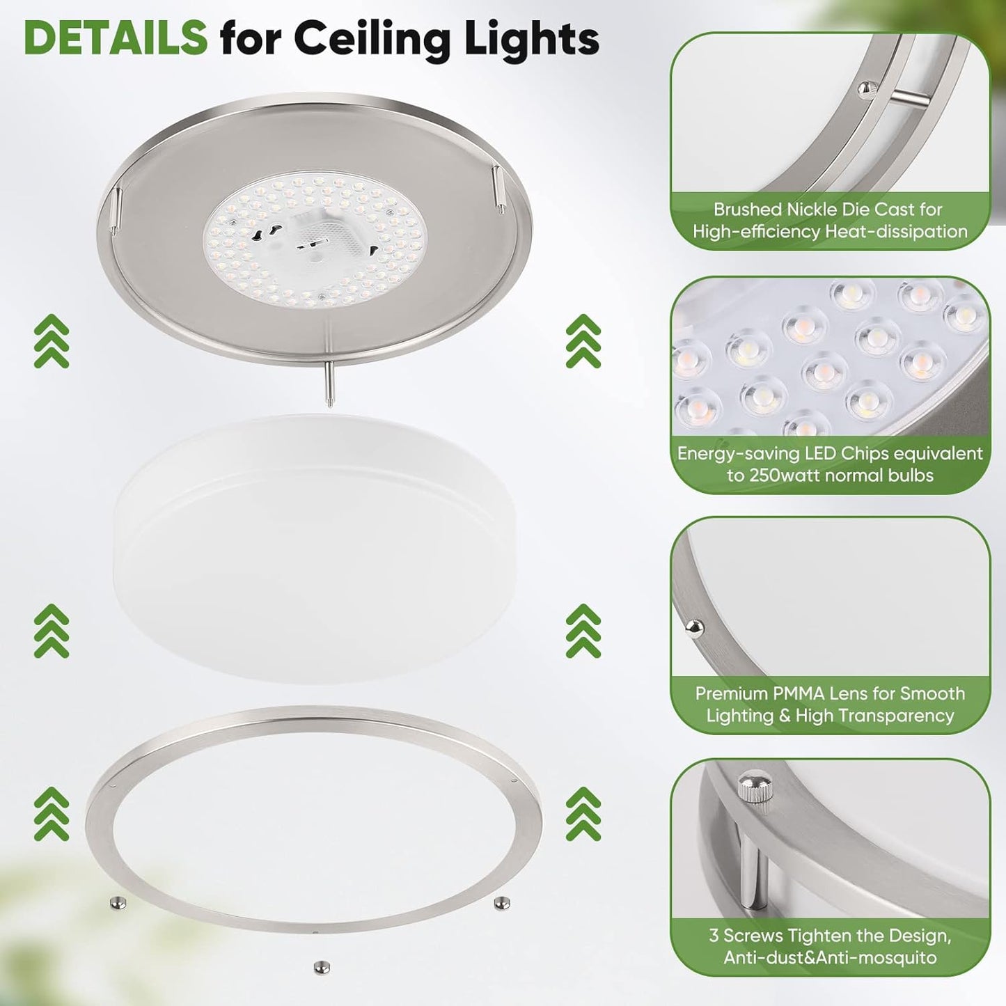 36W LED Ceiling Lights for Bedroom Kitchen, 3600lm Super Bright, Dimmable Flush Mount Light Fixtures 6500K/5000K/4000K/3000K/2700K Adjusted Modern Lamps 2PACK, 13 Inch, Nickle