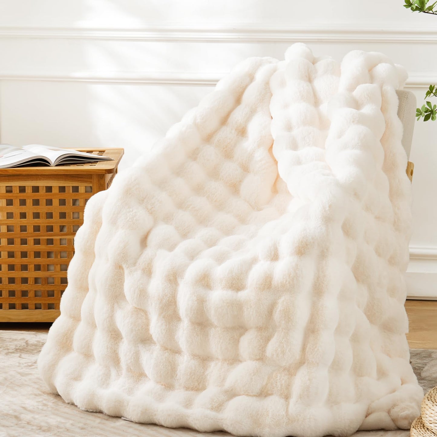 BENVWE Faux Fur Throw Blanket for Couch - Cozy Plush Fluffy Soft Thick Bubble Blanket for Living Room Home Decor - Mothers Day Birthday Gifts for Women, Cream White, 51" x 63"
