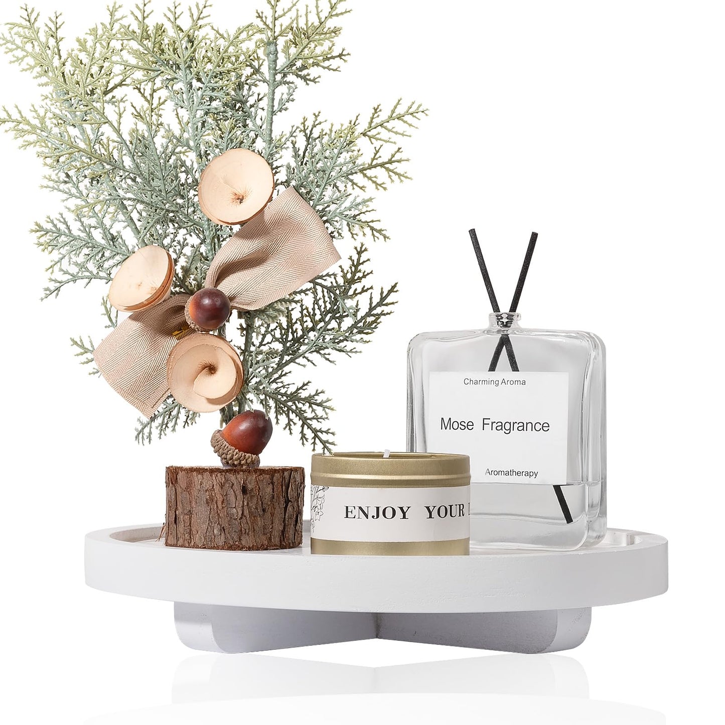 Round Decorative Tray Wood Bathroom Counter Organizer Farmhouse Kitchen Decor Wooden Riser for Soap Dish, Perfume, Candle, Sponge, 10" - Brown