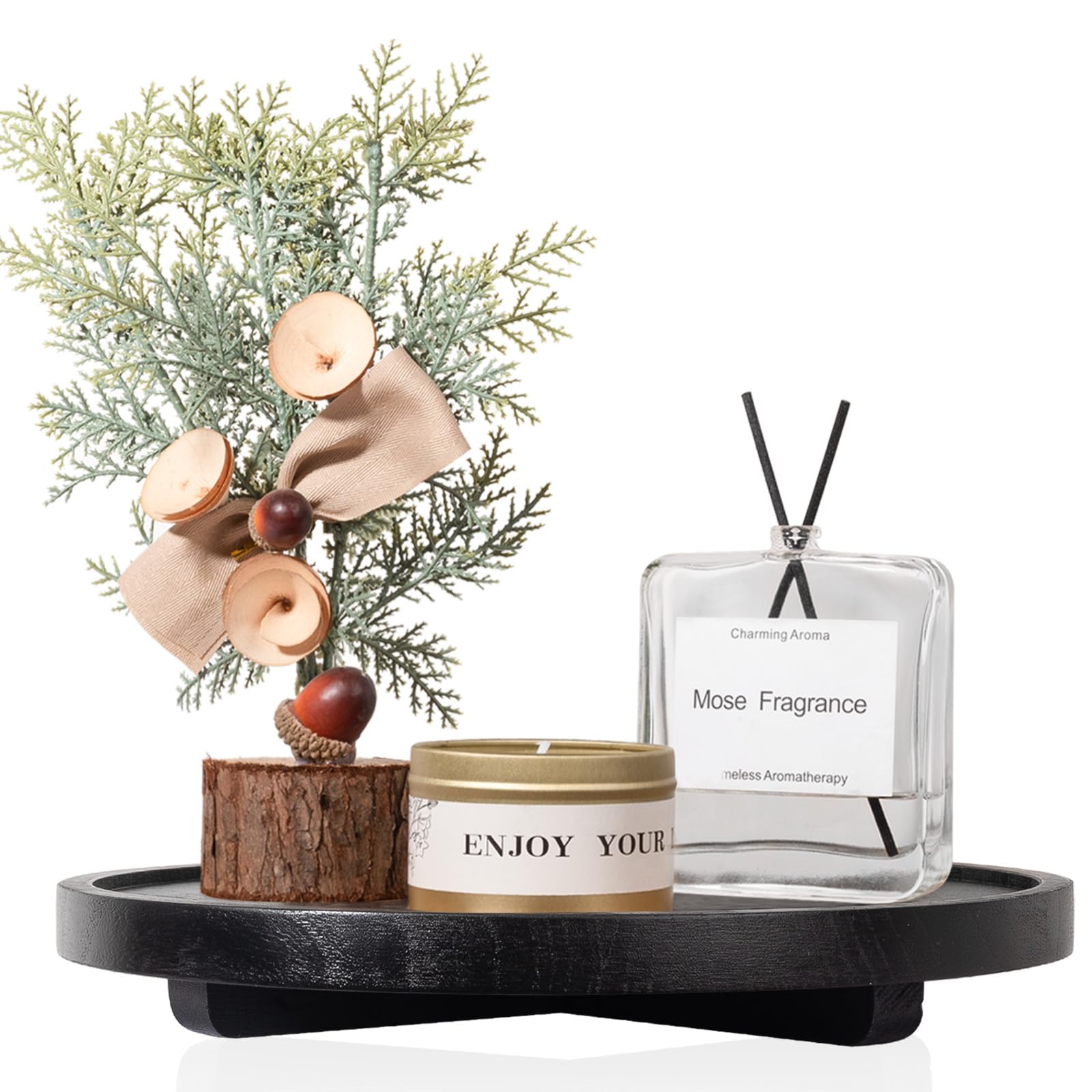 Round Decorative Tray Wood Bathroom Counter Organizer Farmhouse Kitchen Decor Wooden Riser for Soap Dish, Perfume, Candle, Sponge, 10" - Brown